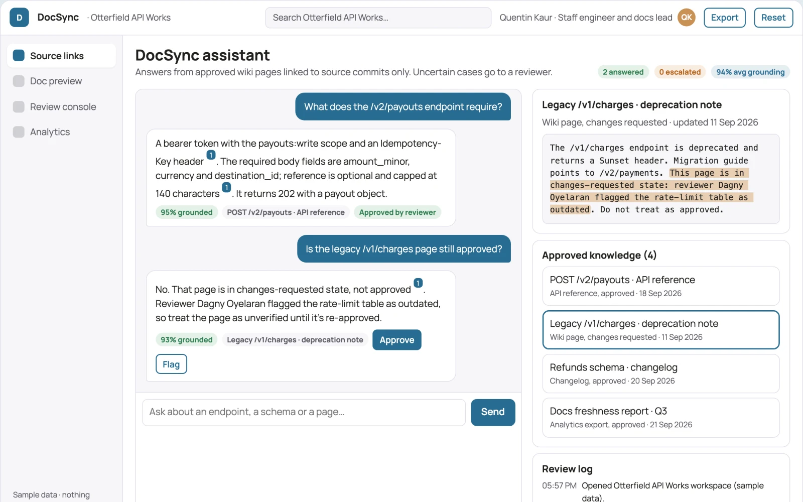 What Source-linked code documentation and wiki console looks like