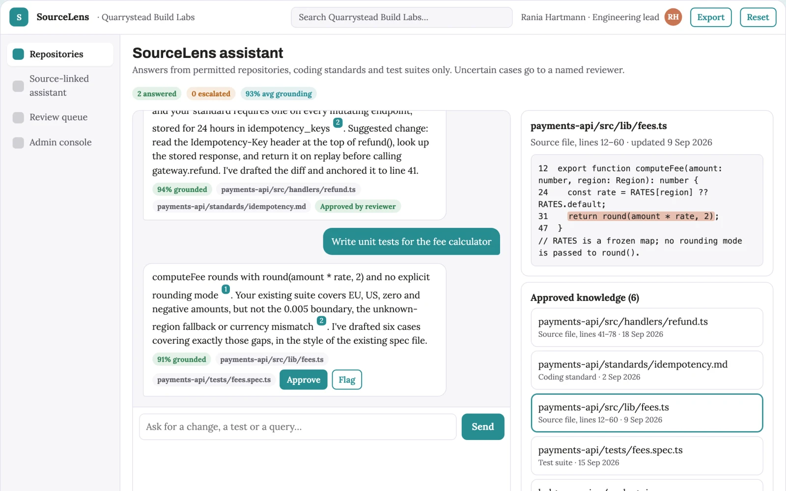 What Source-linked code generation and review console looks like