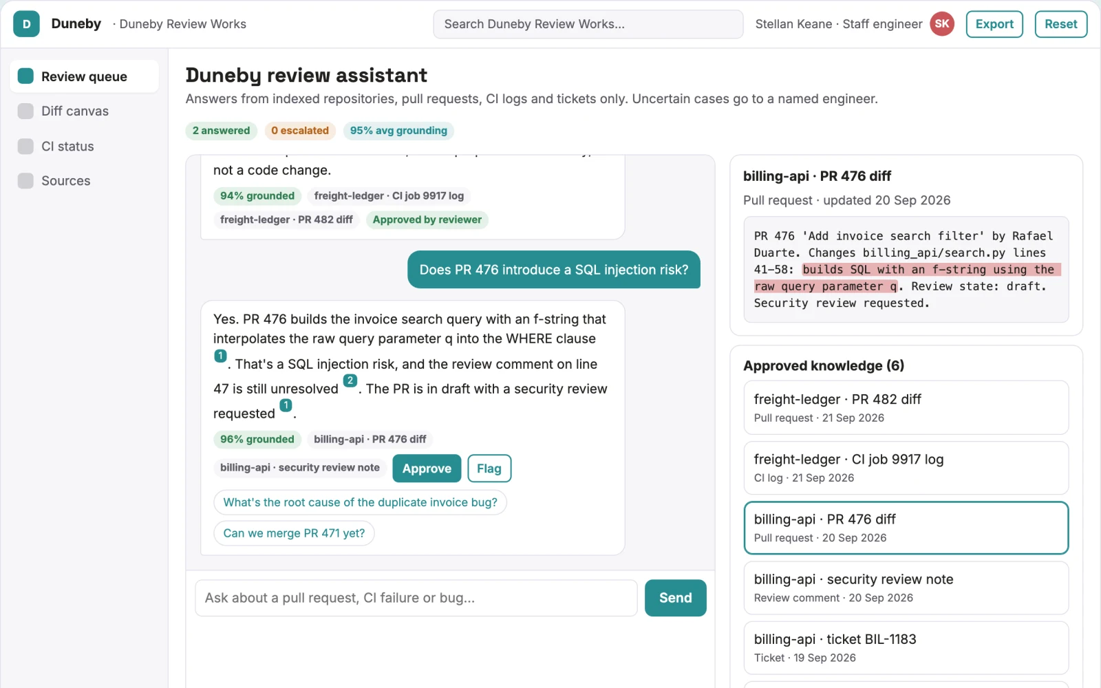 What Source-linked code review and debugging console looks like