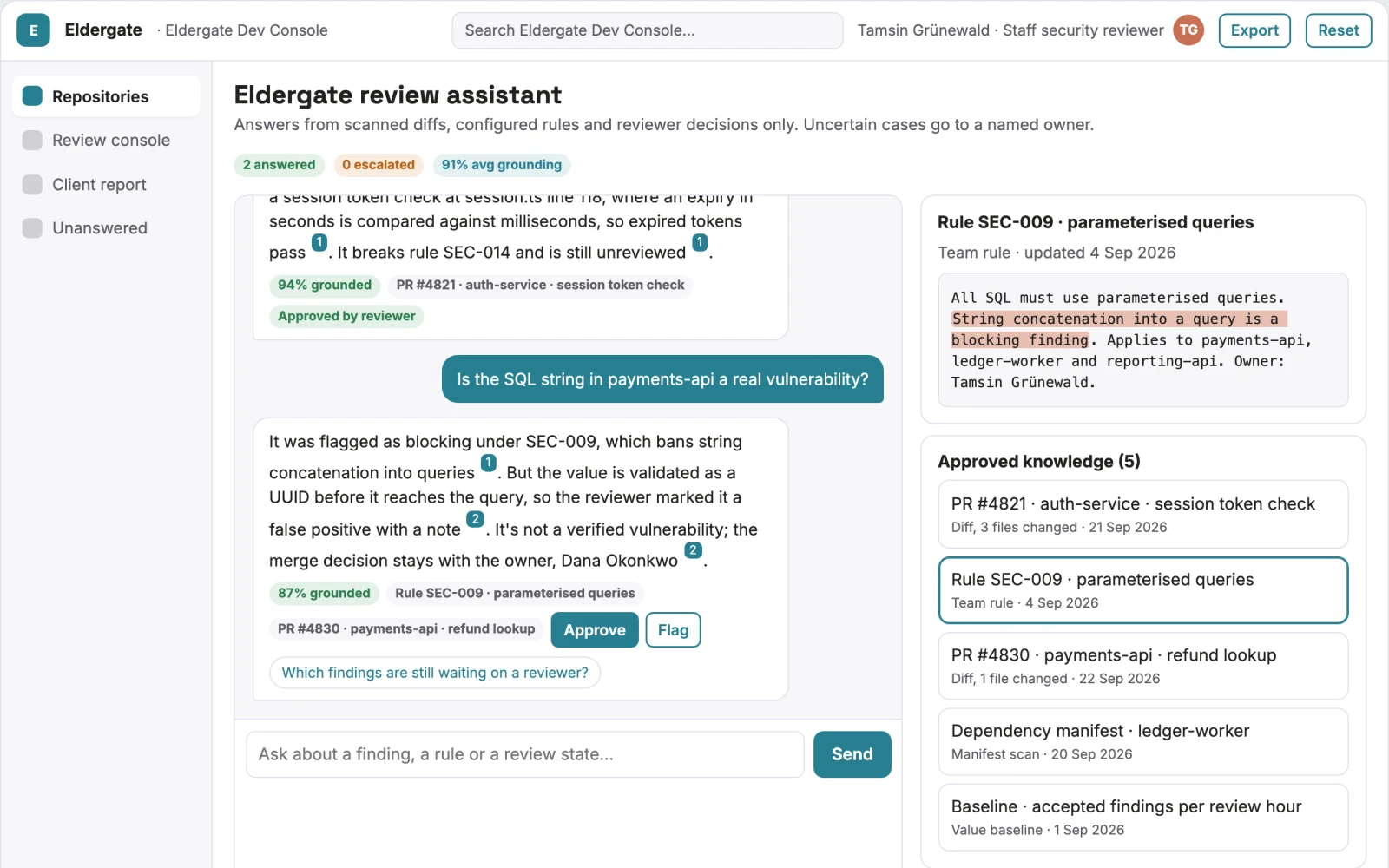 What Source-linked code review and security console looks like