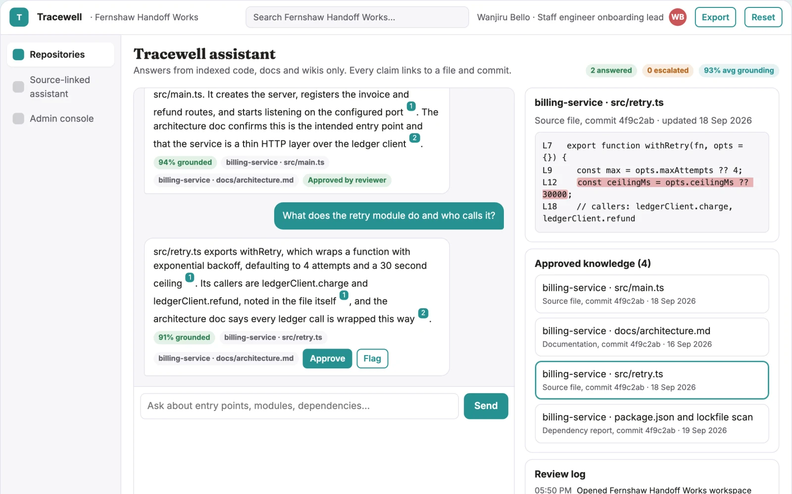 What Source-linked codebase understanding console looks like