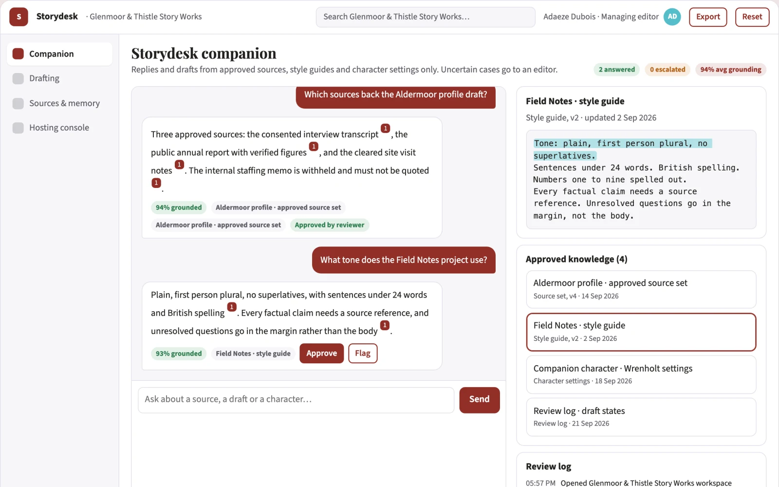 What Source-linked companion and content workbench looks like