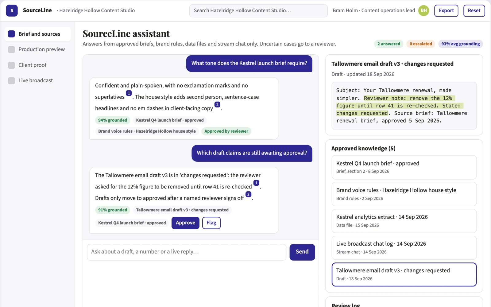 What Source-linked content, analytics and live broadcast console looks like
