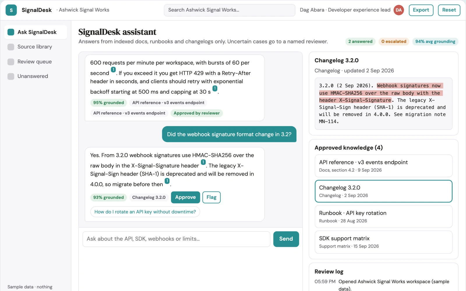What Source-linked content, chatbot and demo console looks like