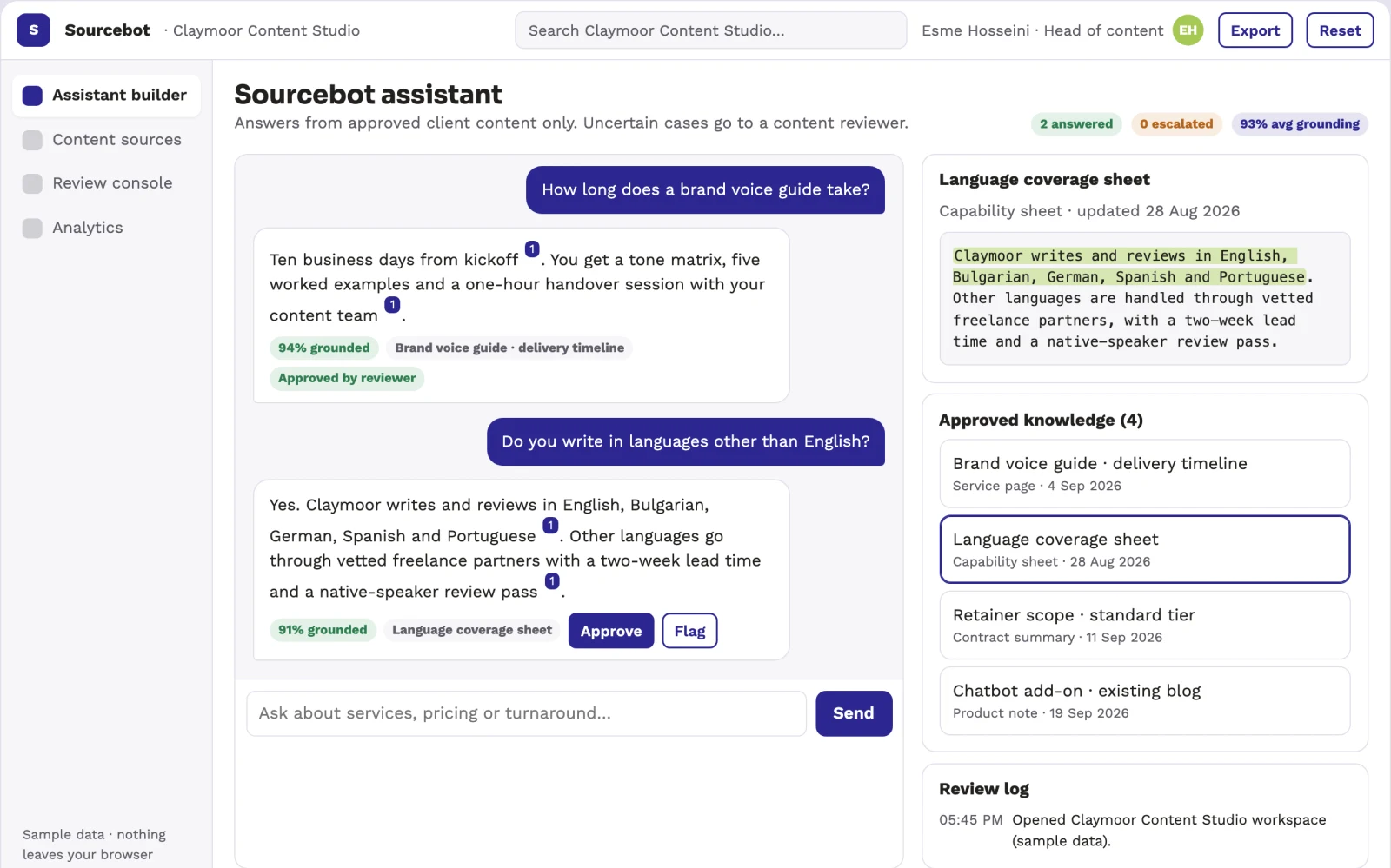 What Source-linked content chatbot builder and console looks like