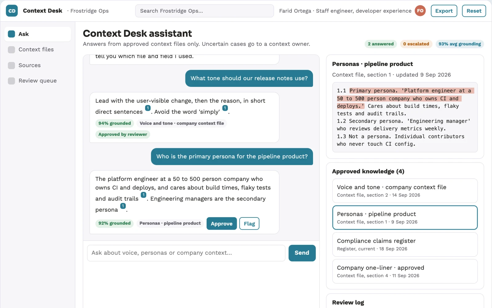 What Source-linked context and content operations console looks like