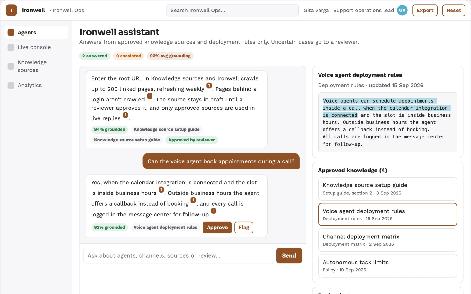 What Source-linked conversation agent operations console looks like