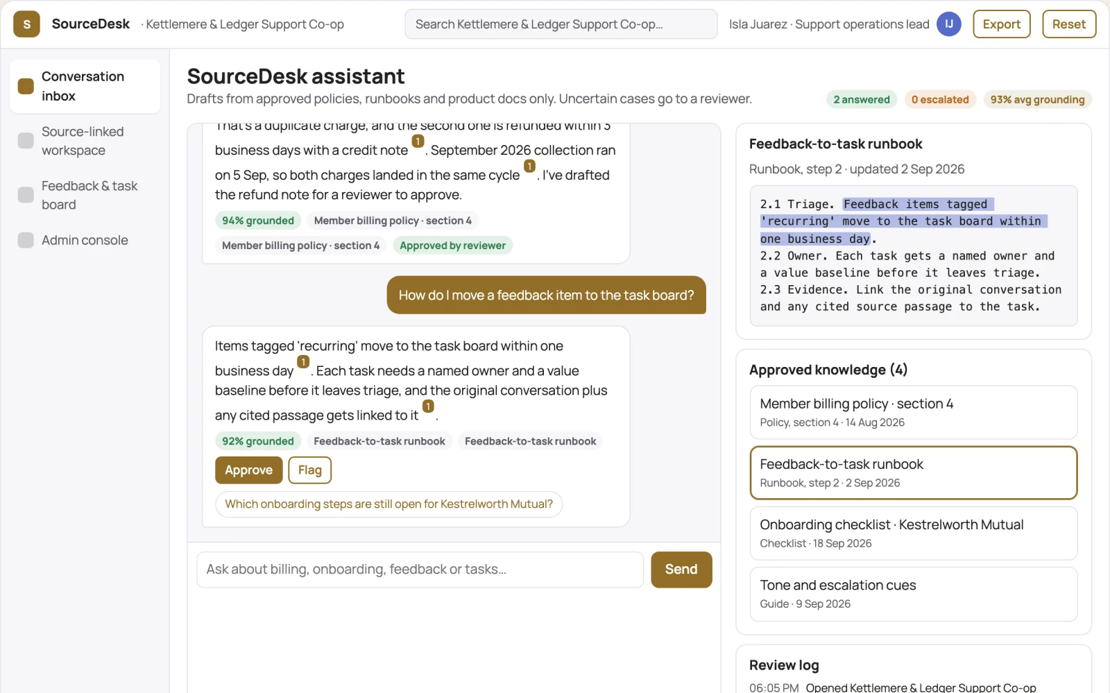 What Source-linked conversational support and feedback console looks like