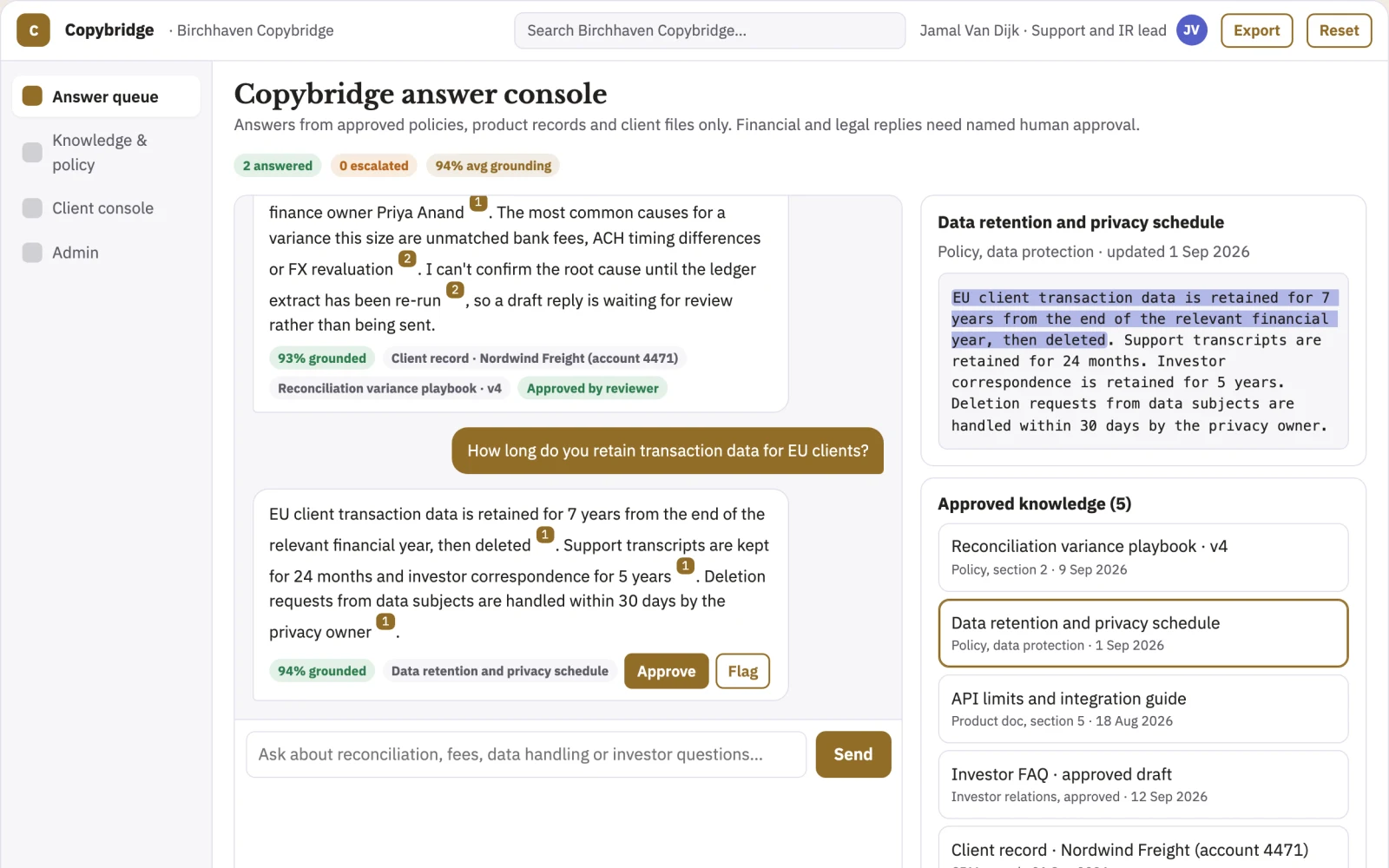 What Source-linked customer and investor answer console looks like