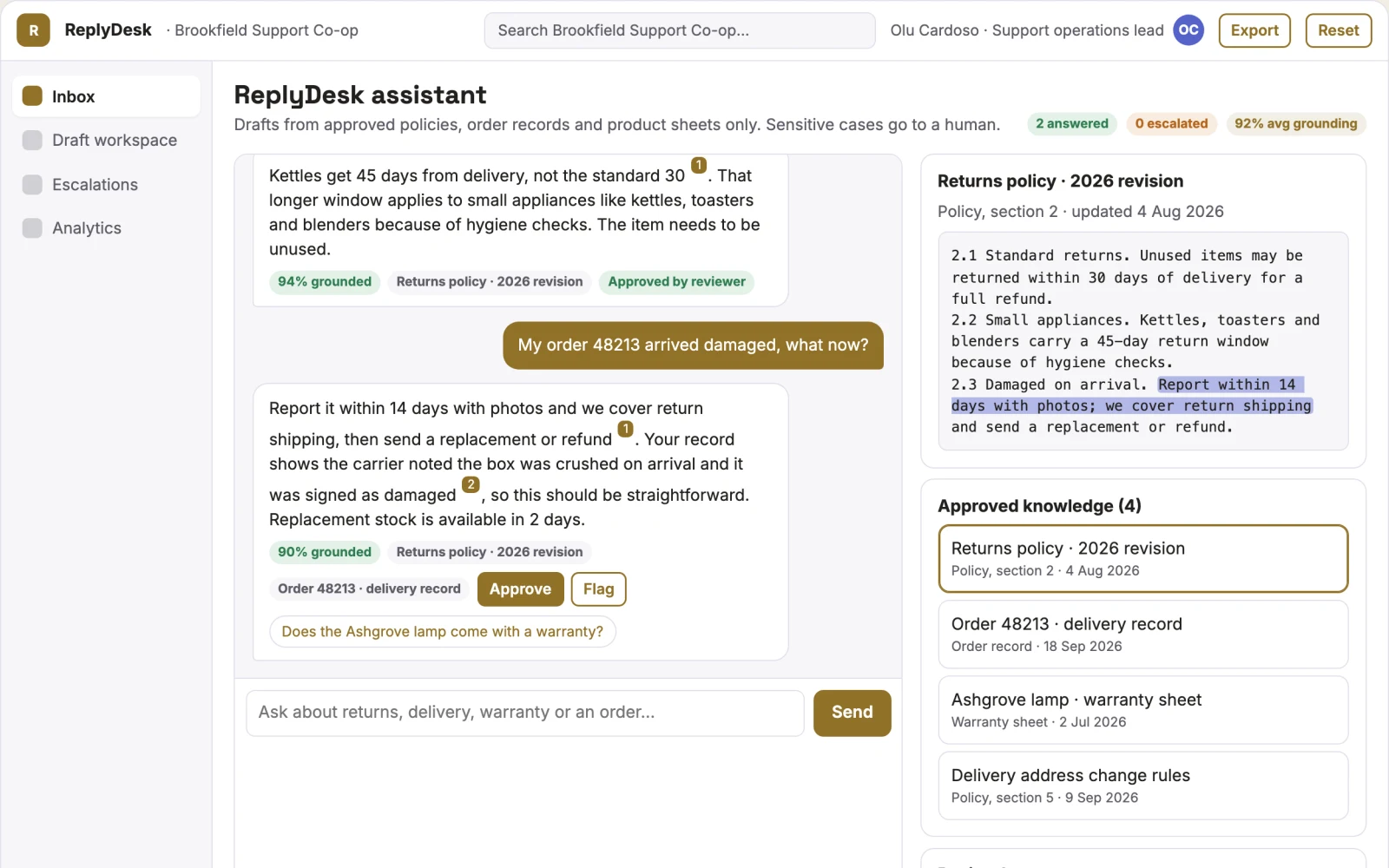 What Source-linked customer support assistant and console looks like