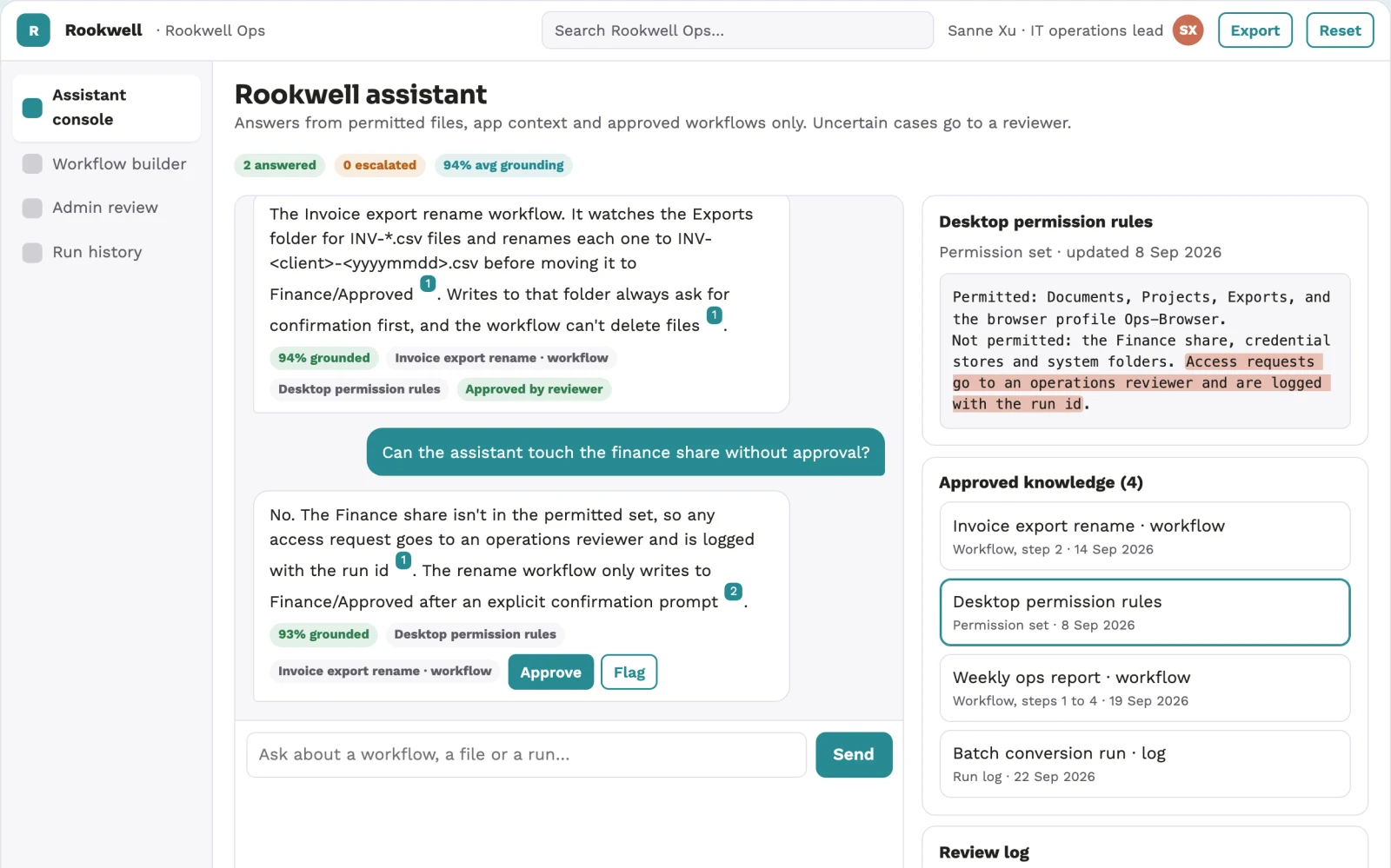 What Source-linked desktop assistant and admin console looks like