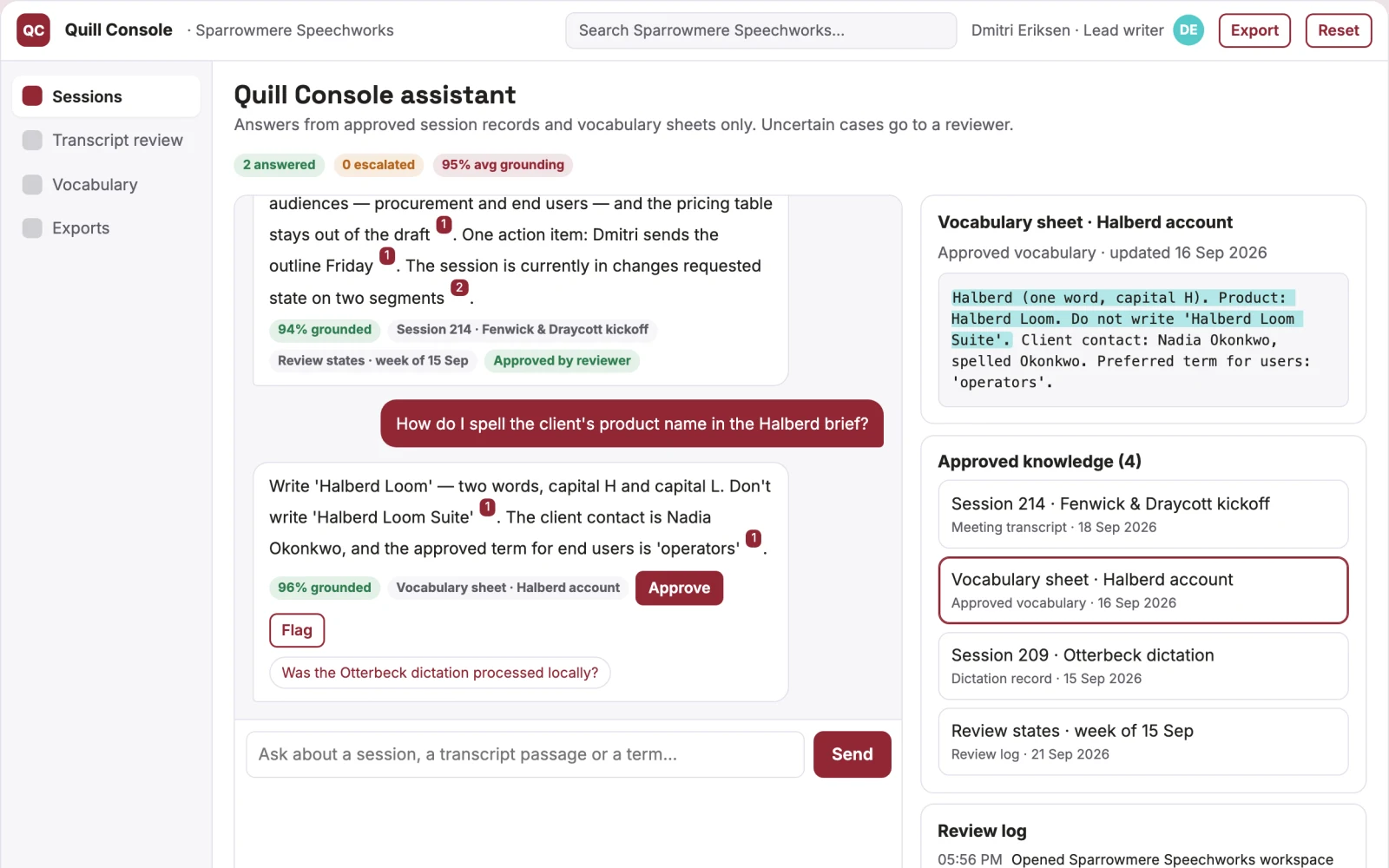 What Source-linked desktop dictation and meeting transcription console looks like