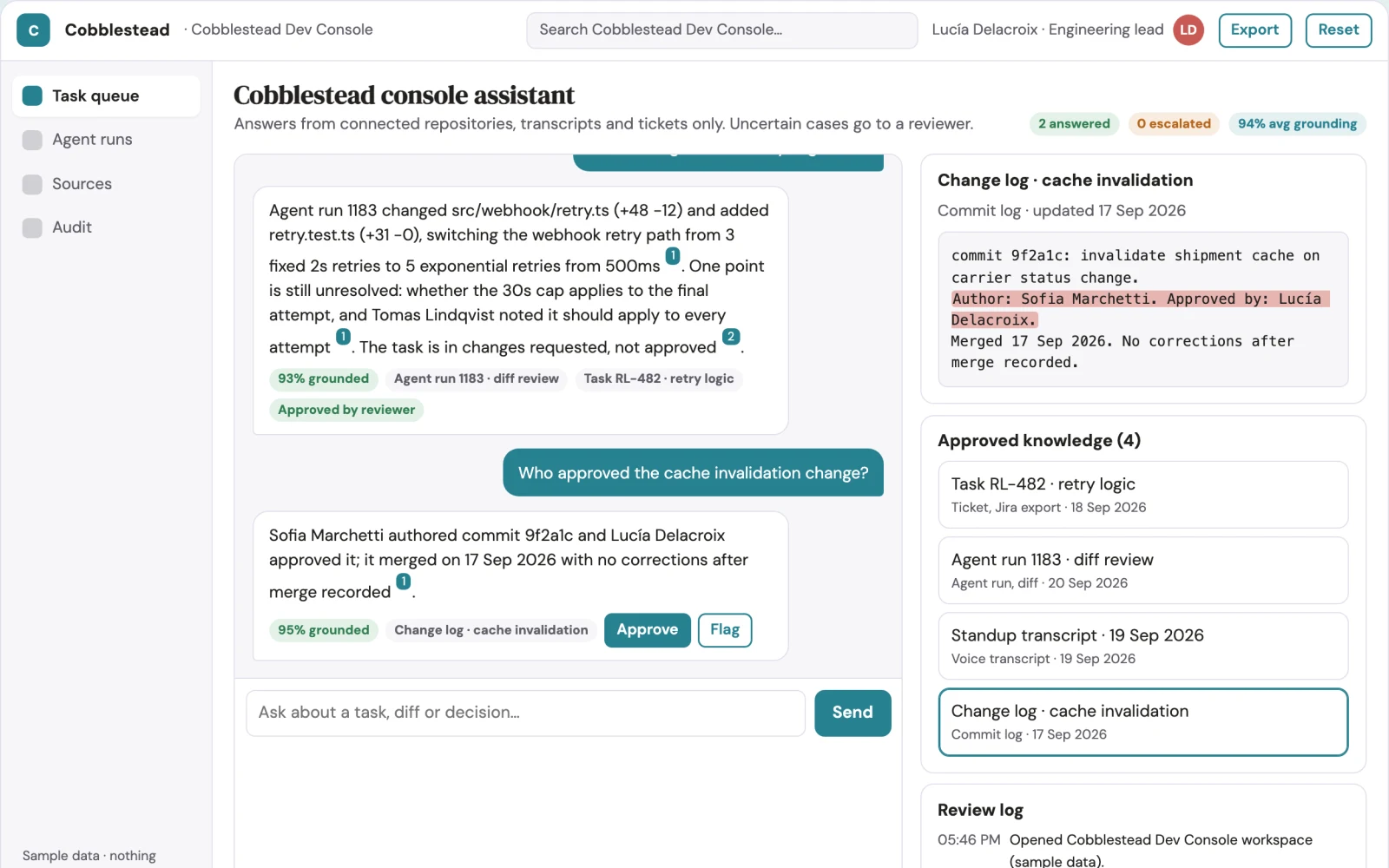 What Source-linked development agent console looks like