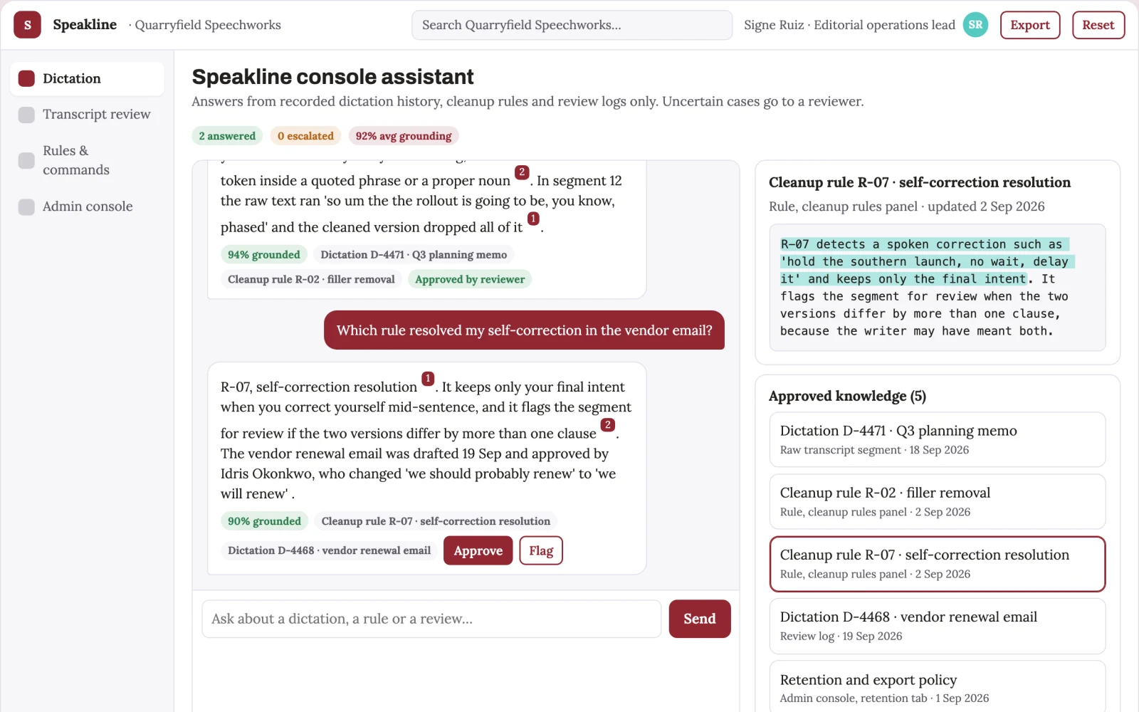What Source-linked dictation and writing console looks like