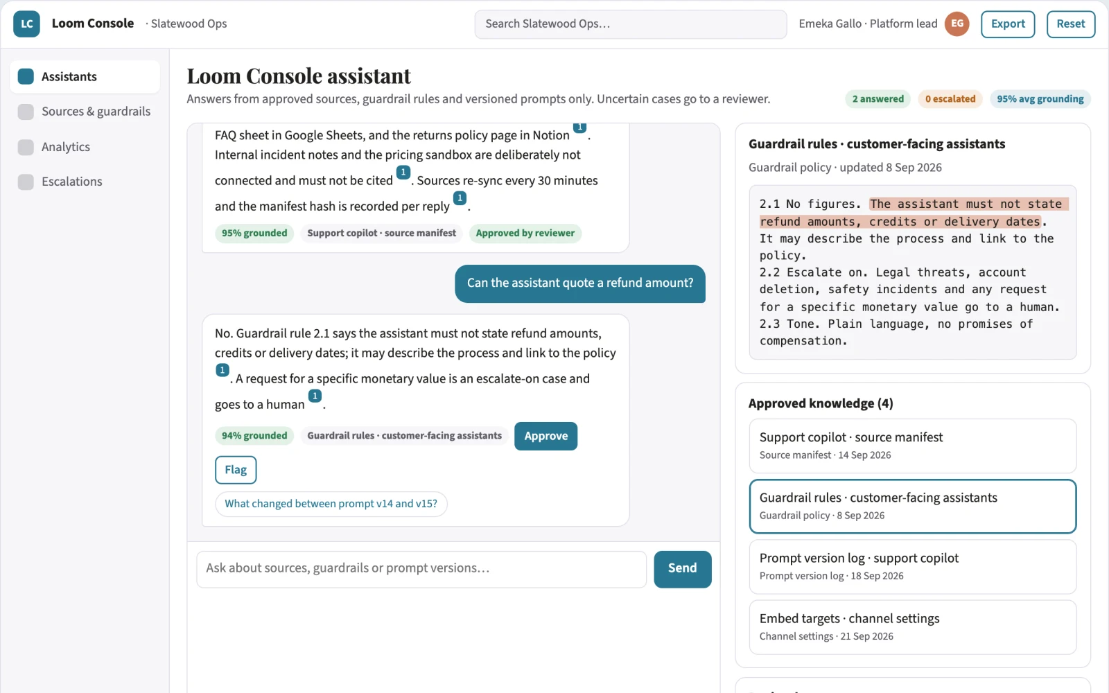 What Source-linked embedded assistant console looks like