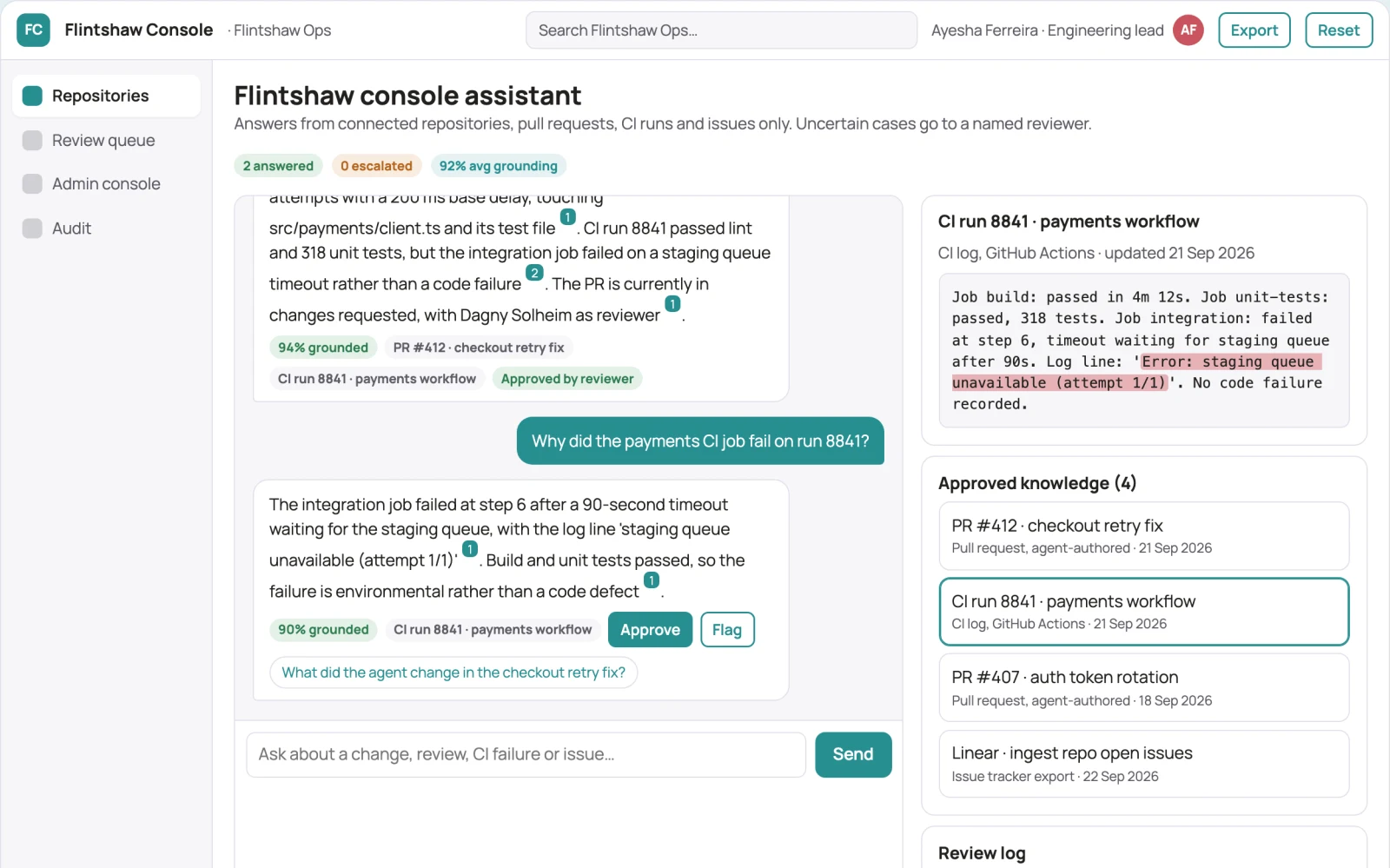 What Source-linked engineering agent console looks like