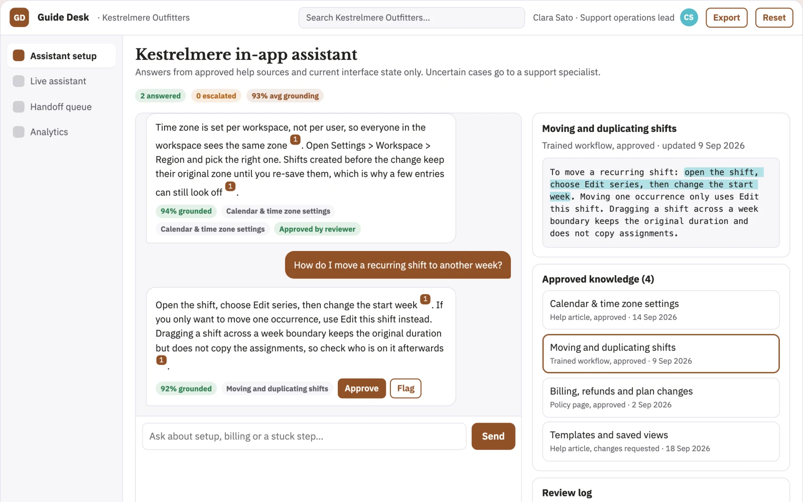 What Source-linked in-app support assistant console looks like