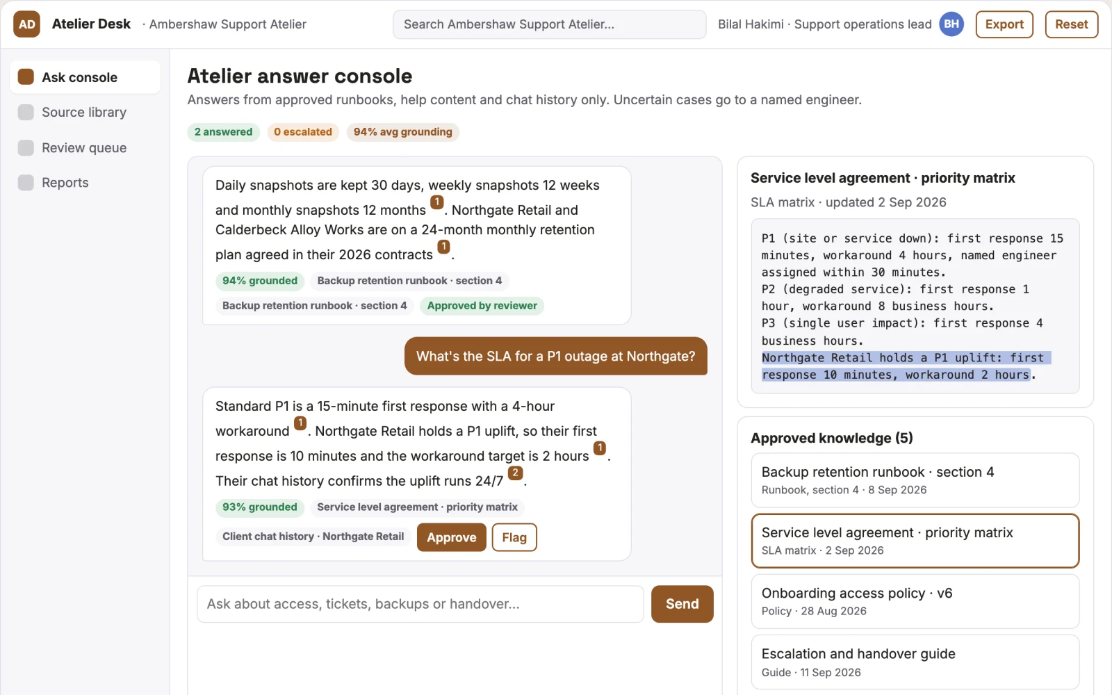 What Source-linked internal answer console looks like