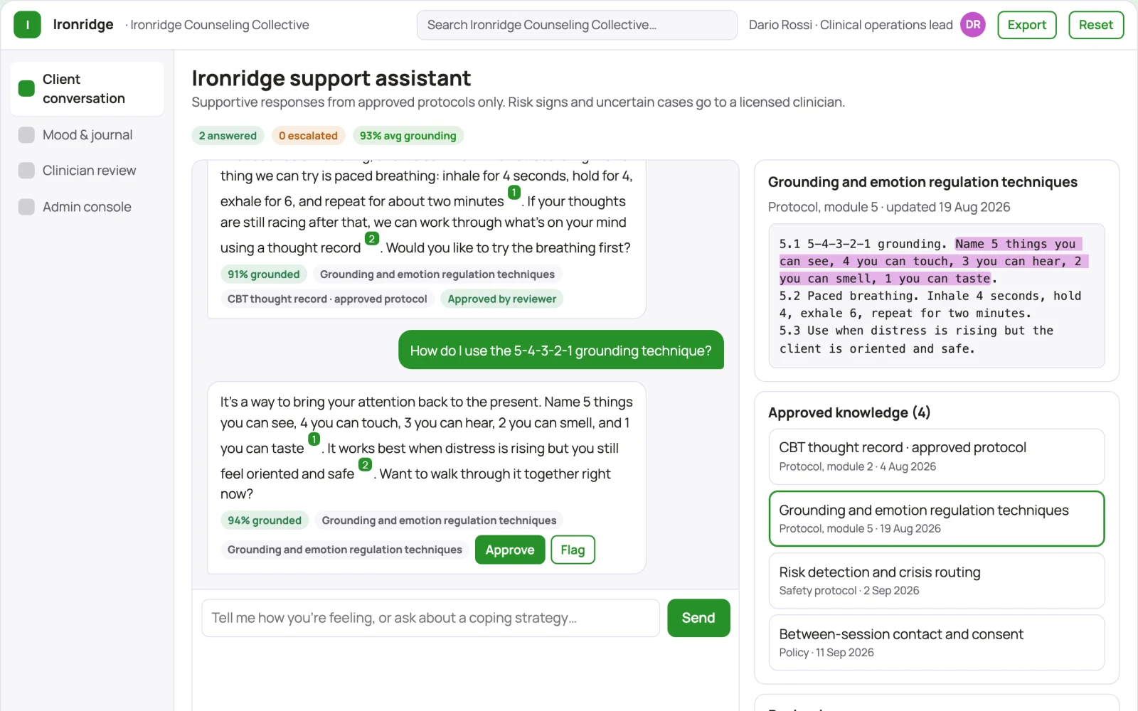 What Source-linked mental health support assistant and administrator console looks like