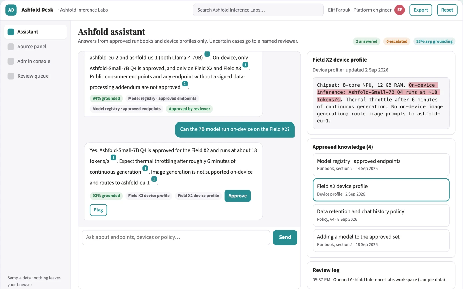 What Source-linked mobile AI assistant and admin console looks like