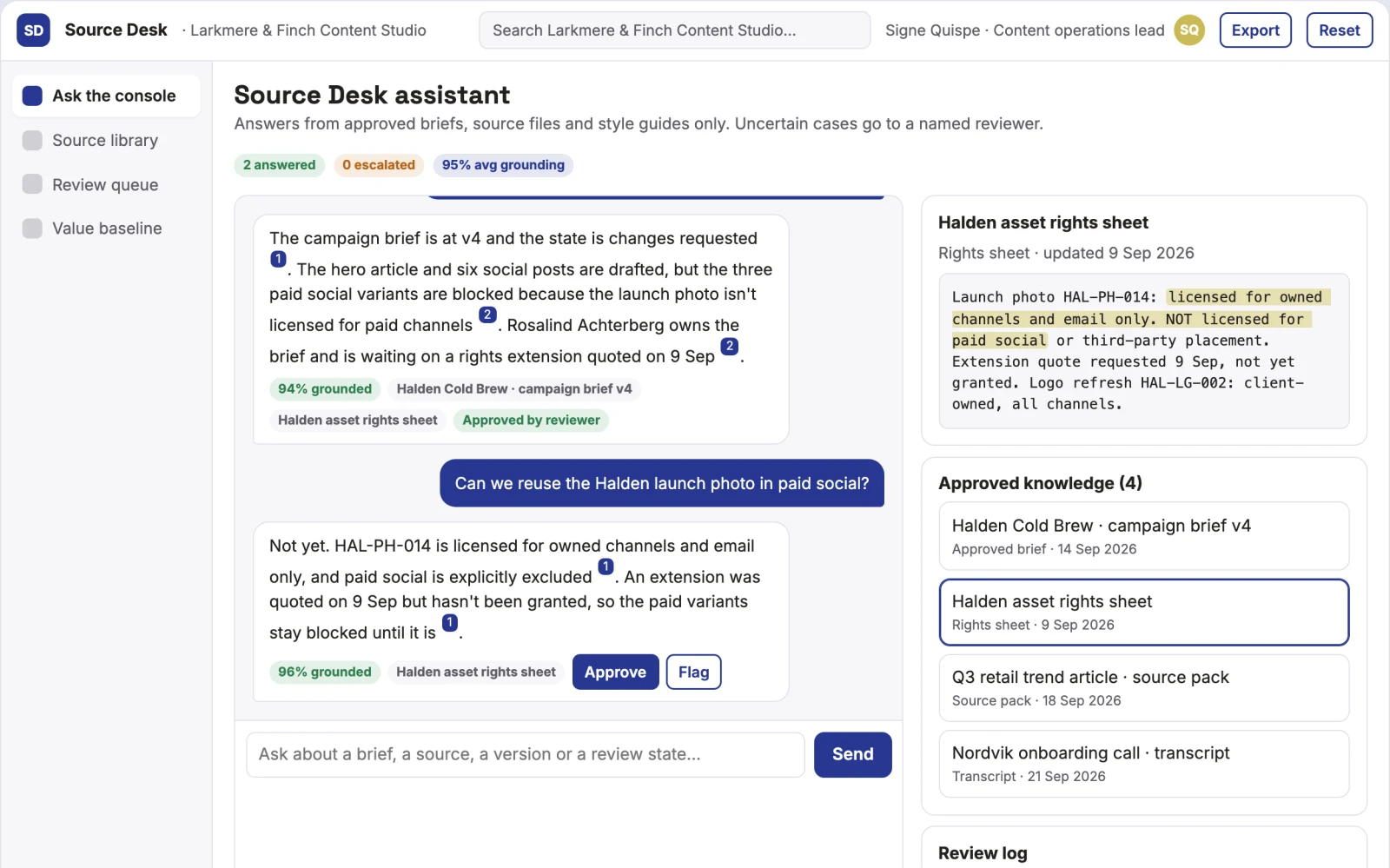 What Source-linked multi-format content and answer console looks like