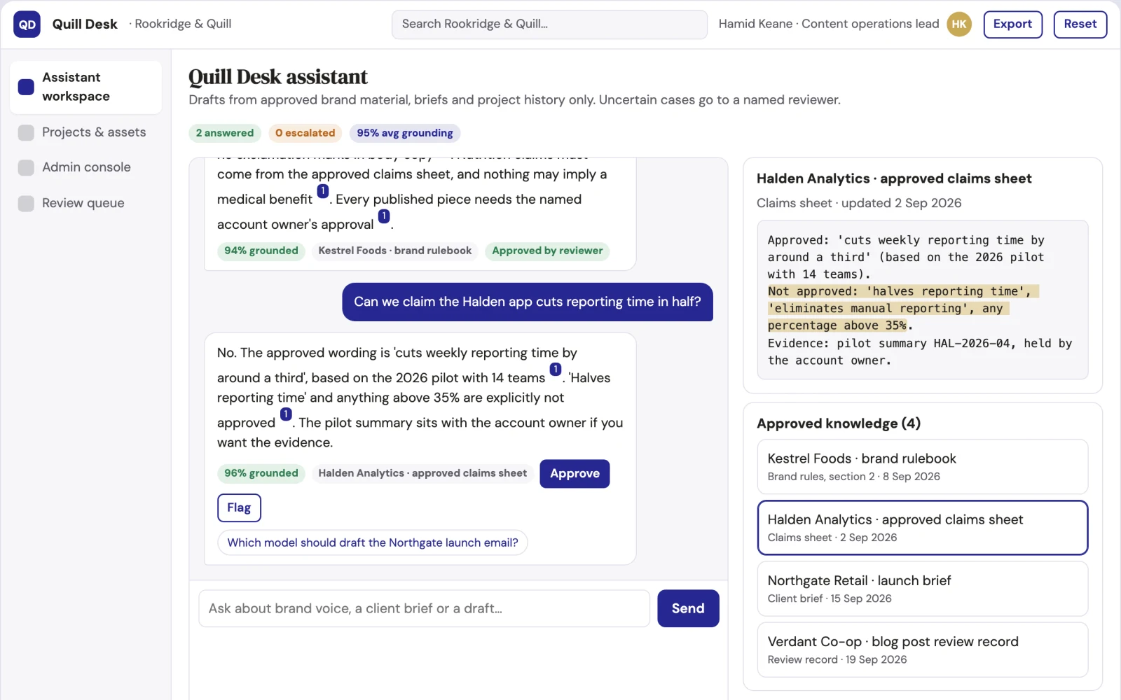 What Source-linked multi-model assistant and admin console looks like