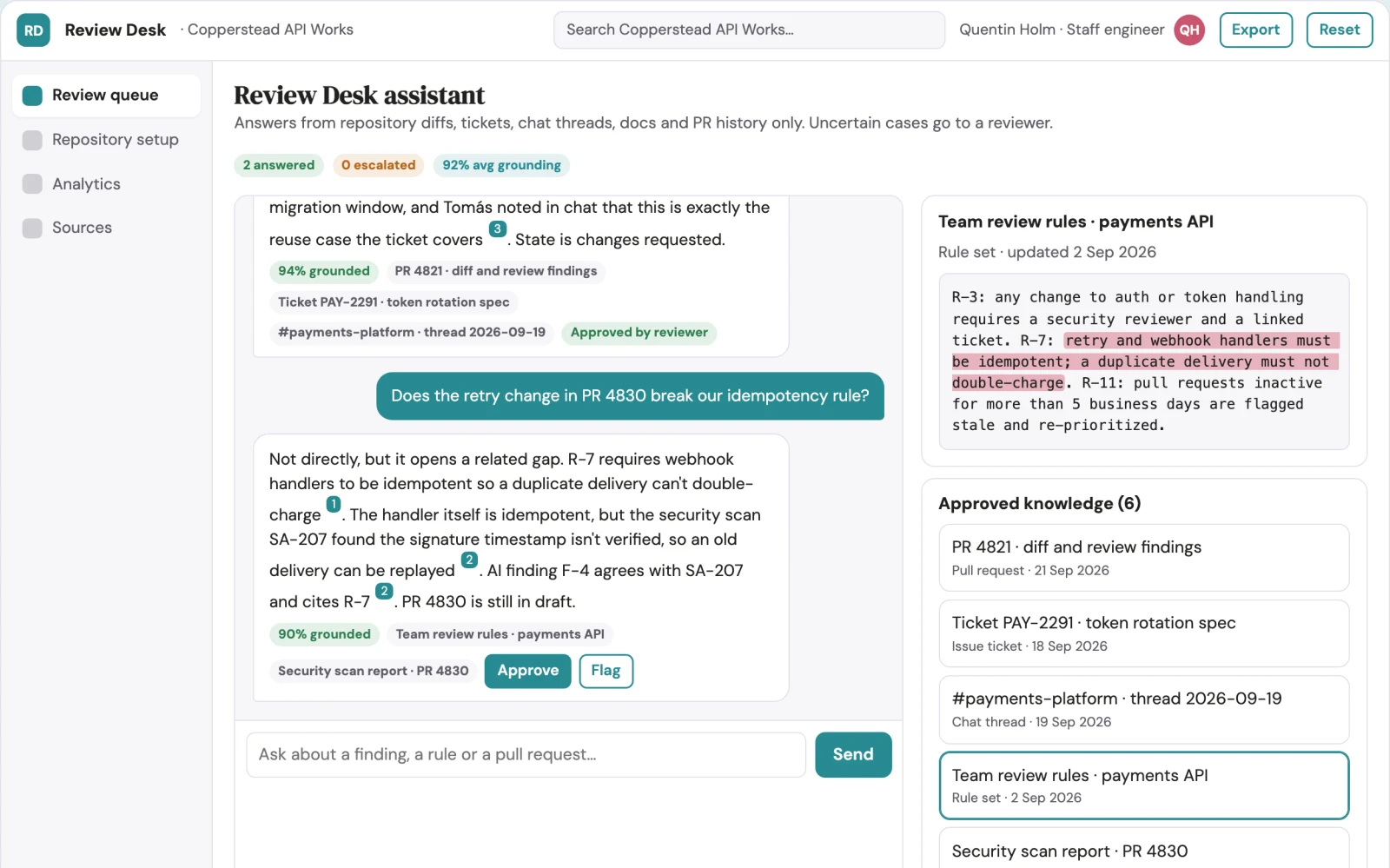 What Source-linked pull request review console looks like