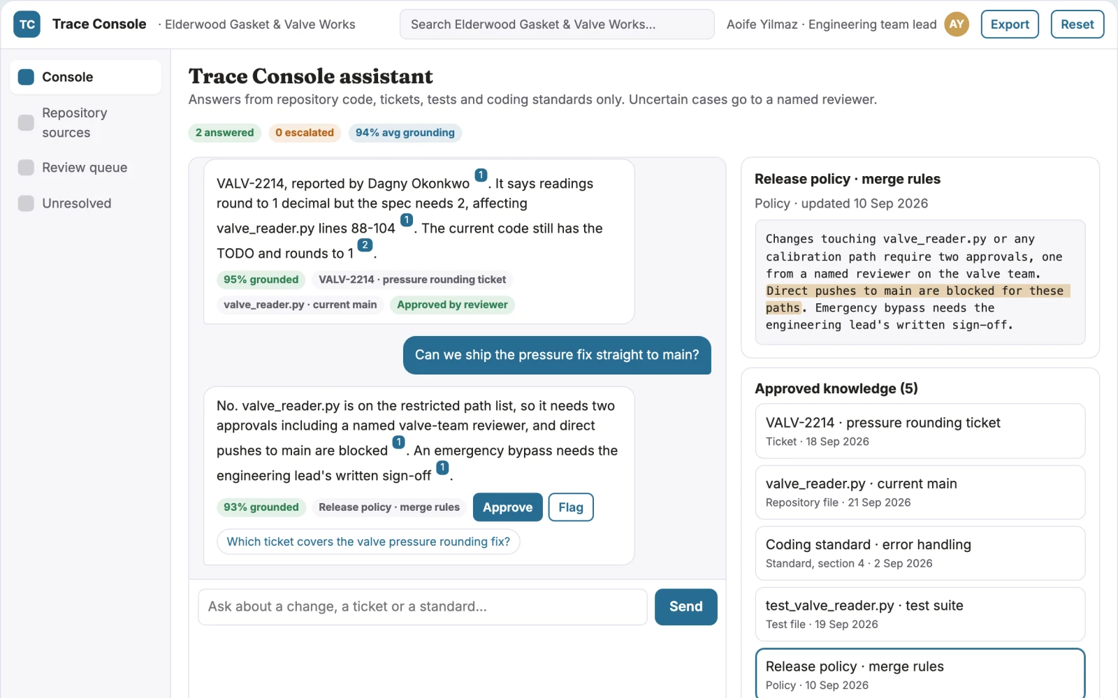 What Source-linked software development assistant console looks like