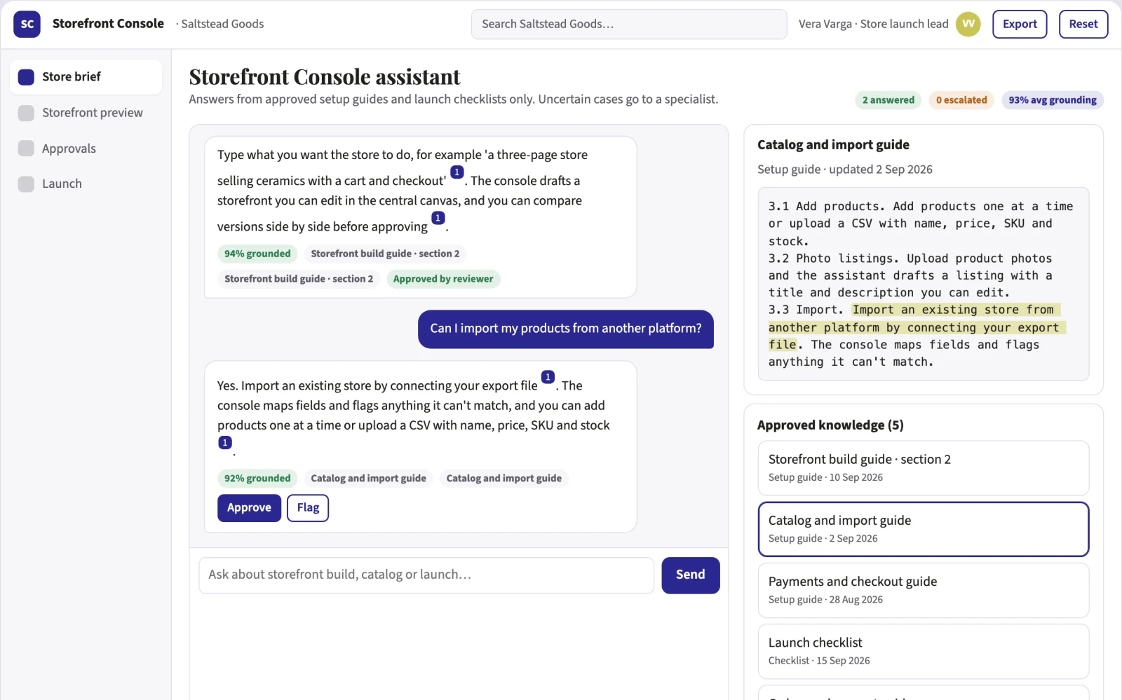 What Source-linked storefront build and launch console looks like