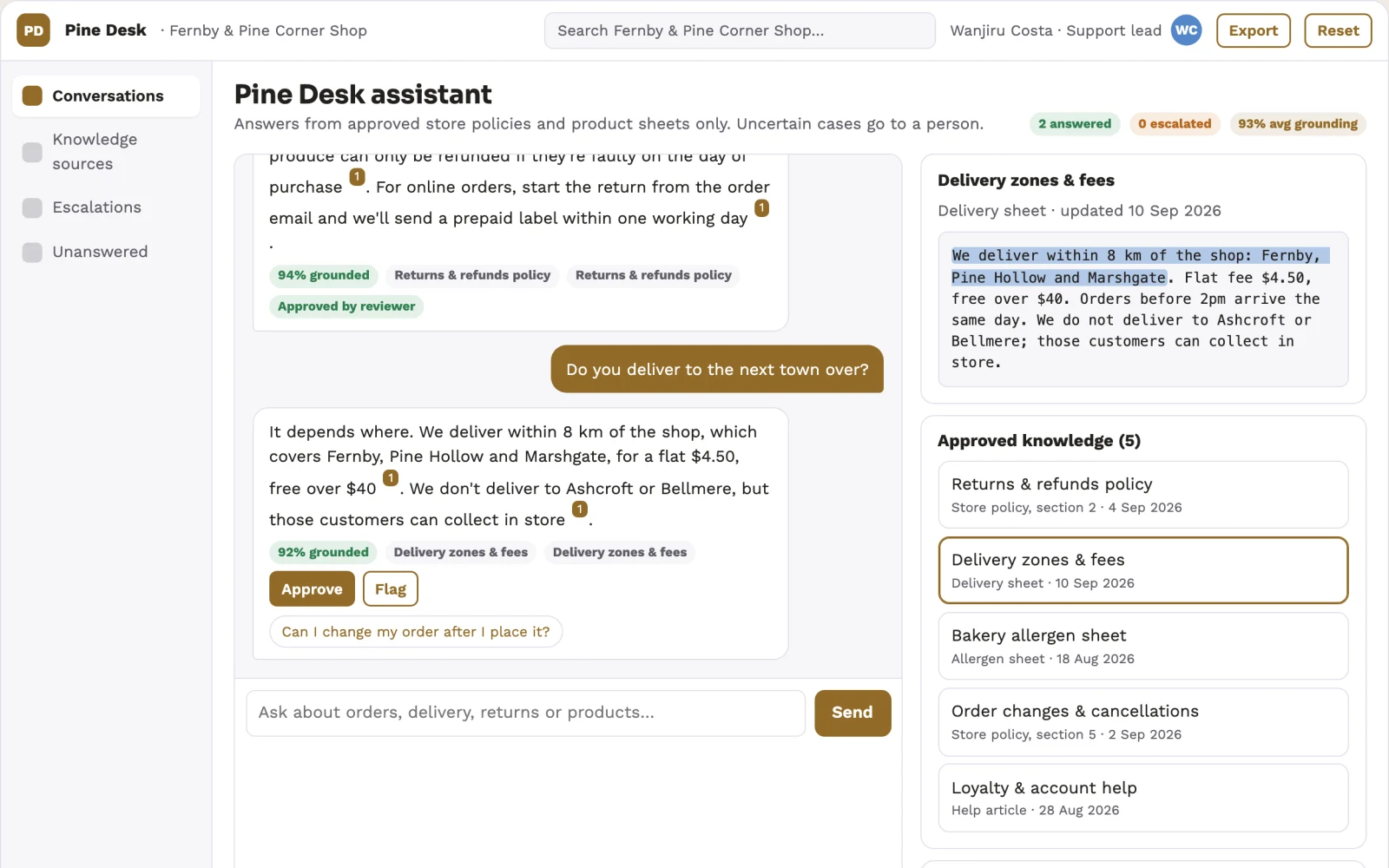 What Source-linked support assistant and admin console looks like