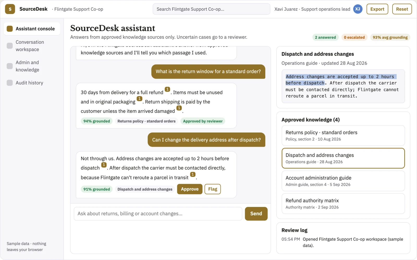 What Source-linked support assistant and admin console looks like