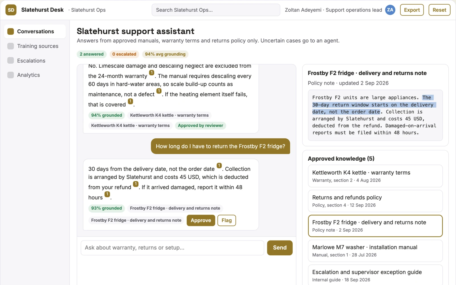 What Source-linked support assistant and admin console looks like