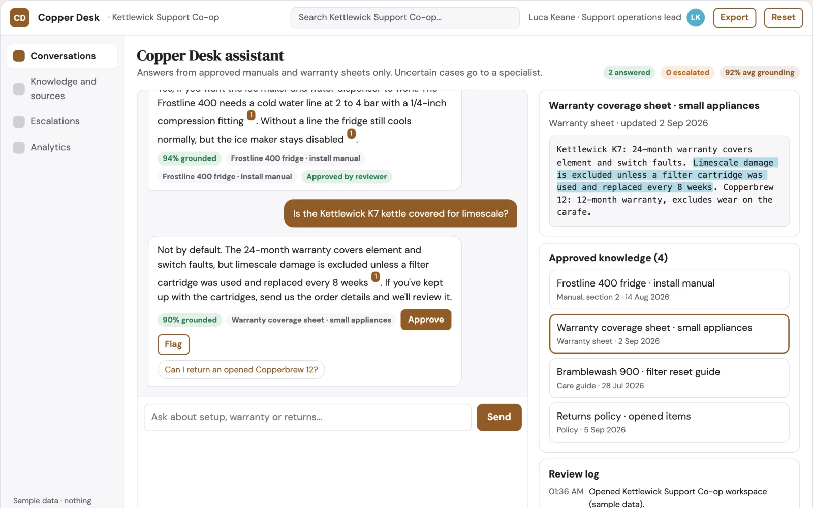 What Source-linked support assistant and admin console looks like