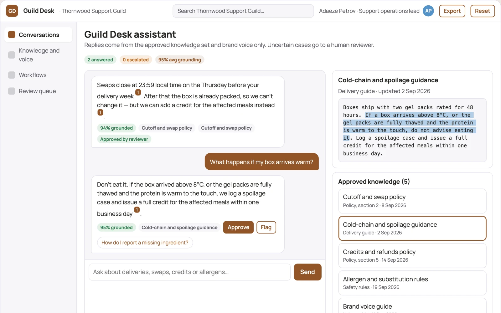 What Source-linked support chat and automation console looks like