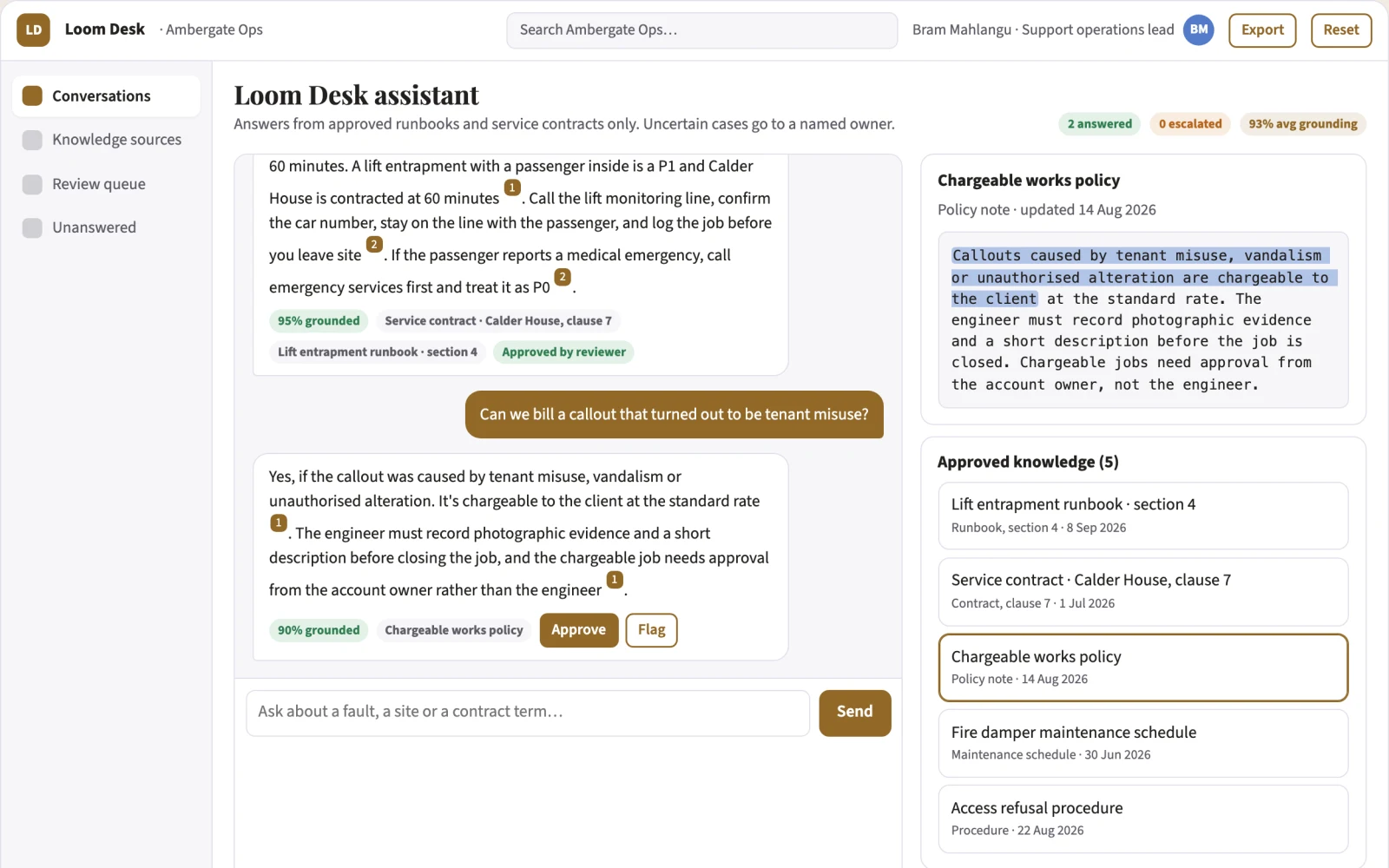 What Source-linked support chatbot builder and console looks like