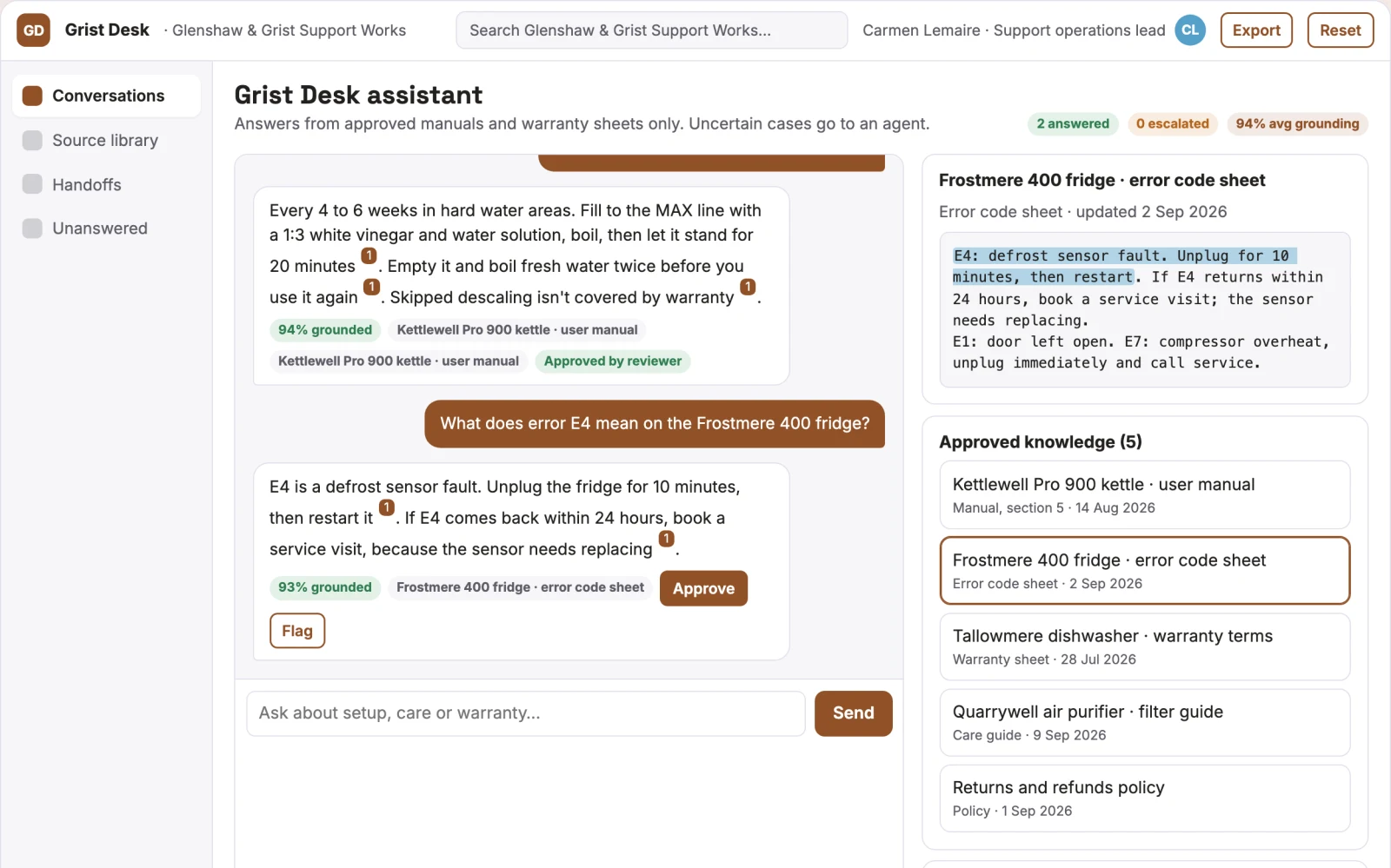 What Source-linked support chatbot operations console looks like