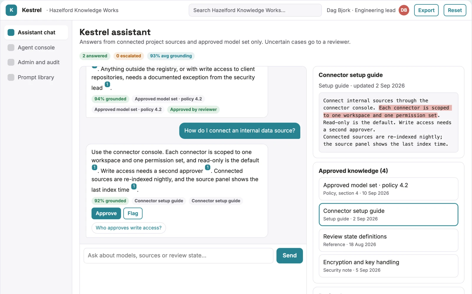 What Source-linked team AI assistant and admin console looks like