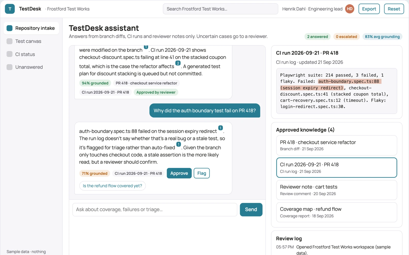 What Source-linked test generation and maintenance console looks like