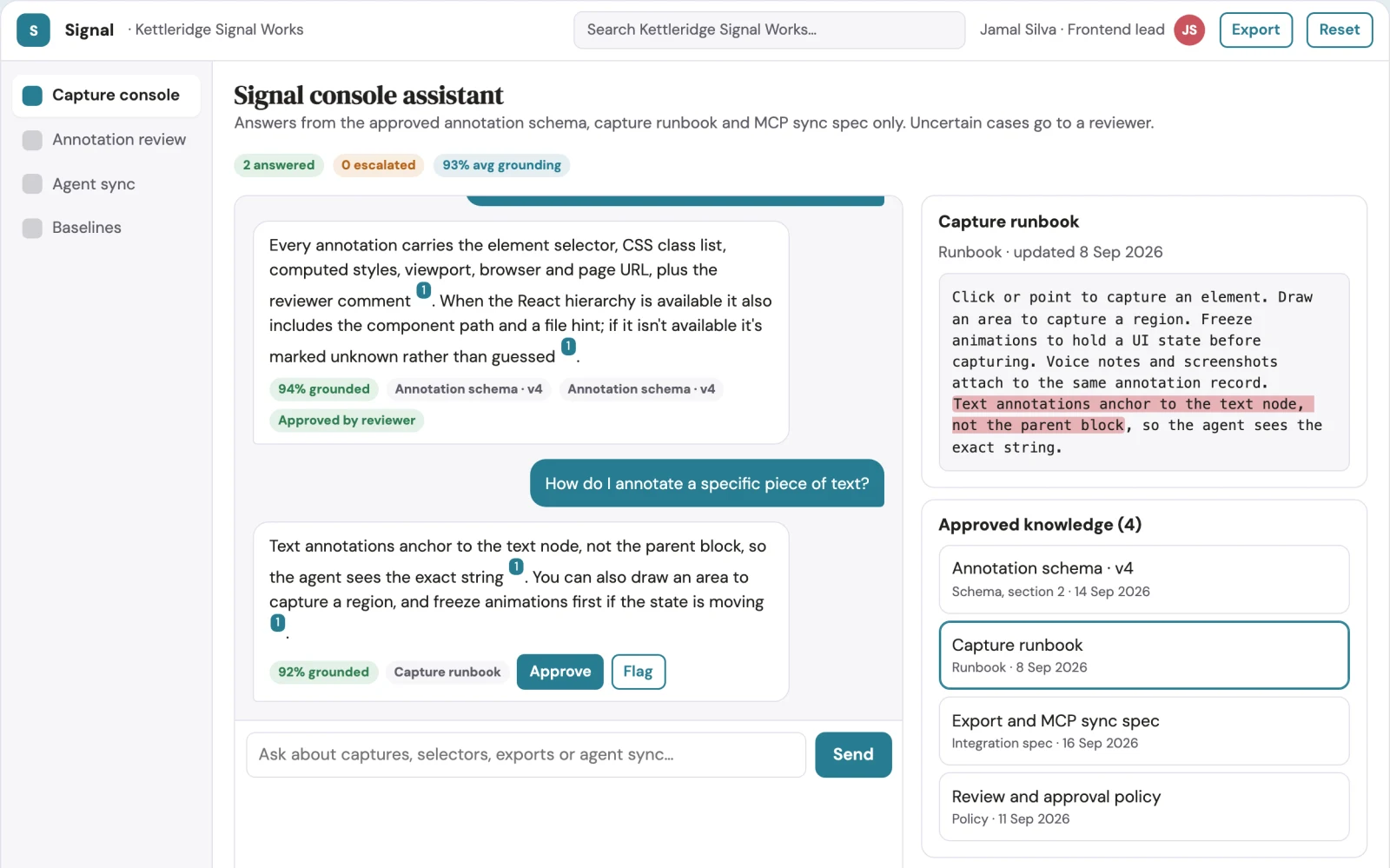 What Source-linked UI feedback capture console looks like