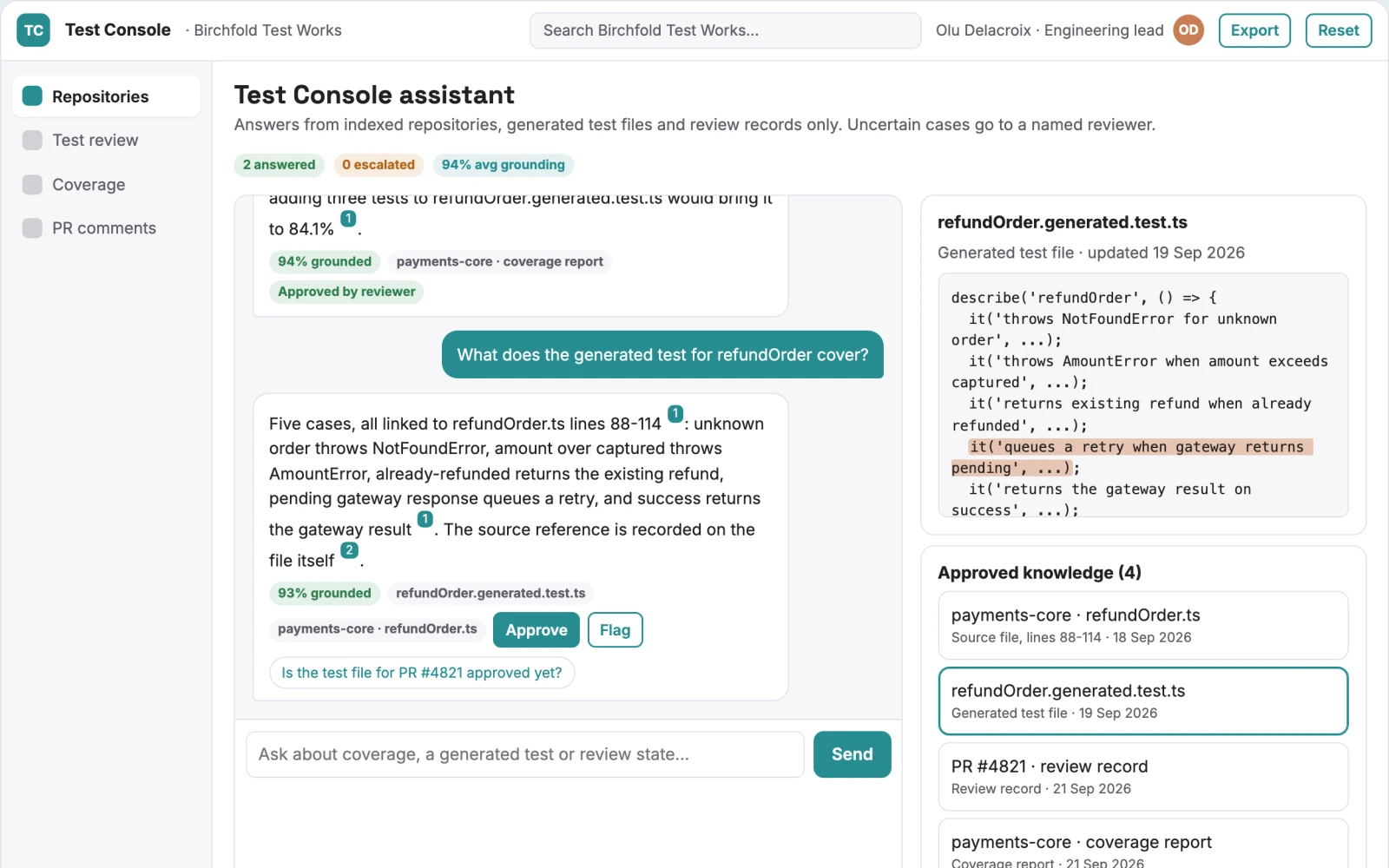 What Source-linked unit test generation console looks like