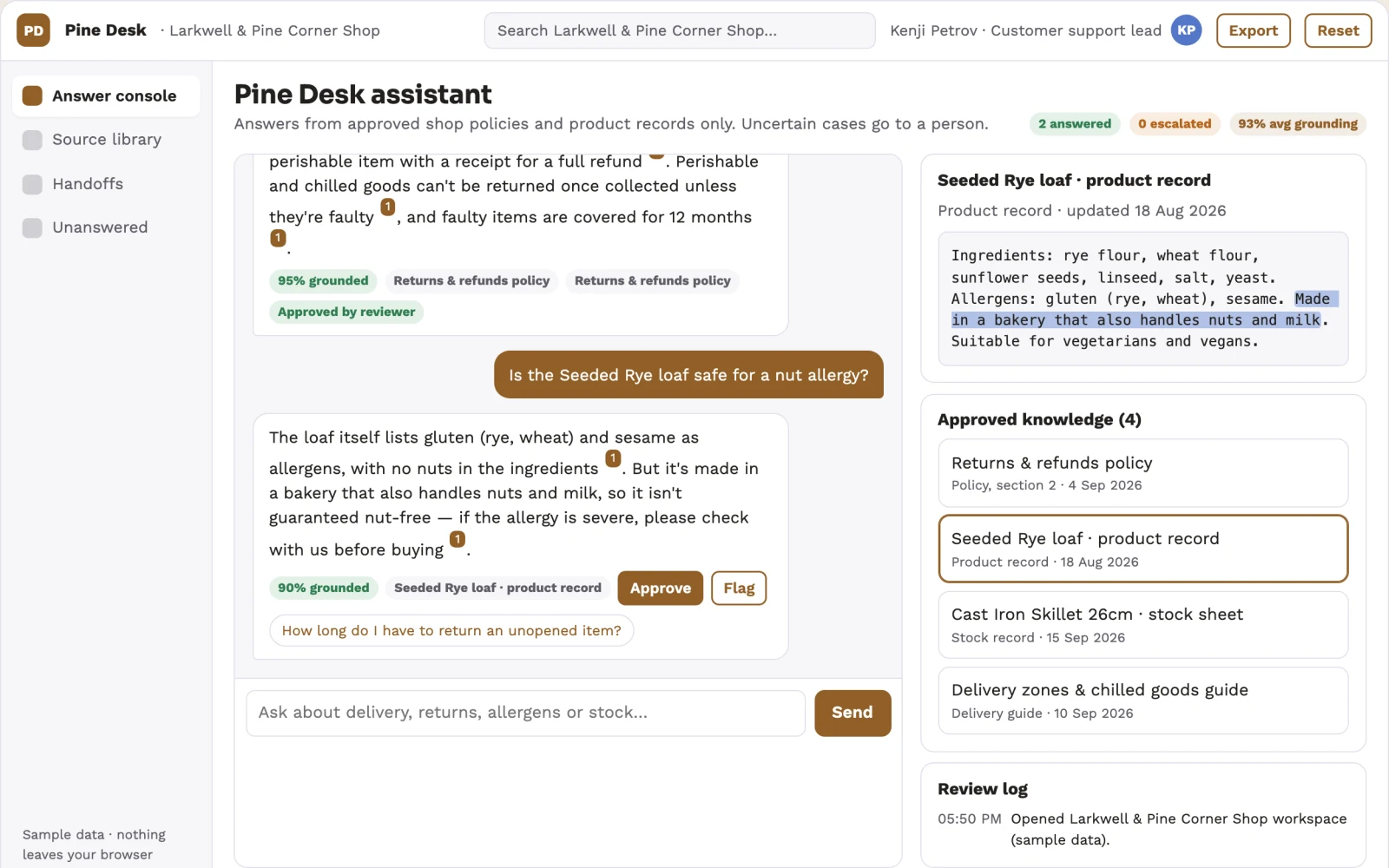 What Source-linked website answer and explanation console looks like