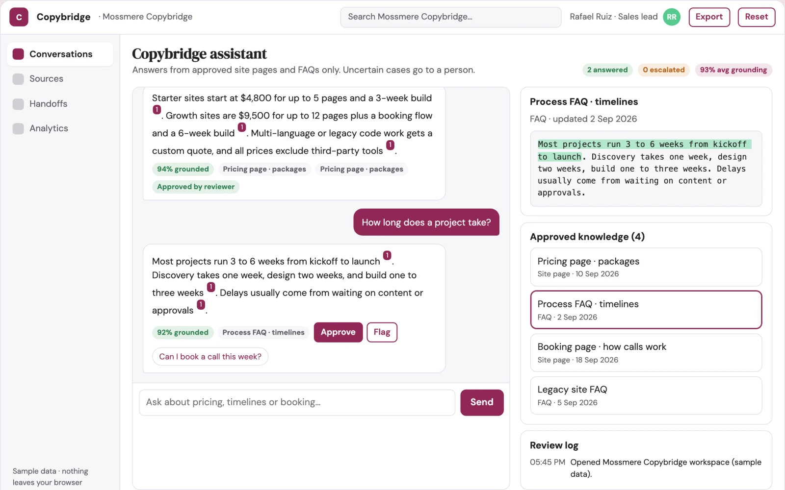 What Source-linked website assistant and action console looks like