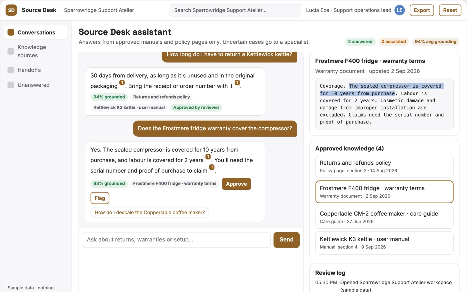 What Source-linked website support assistant console looks like