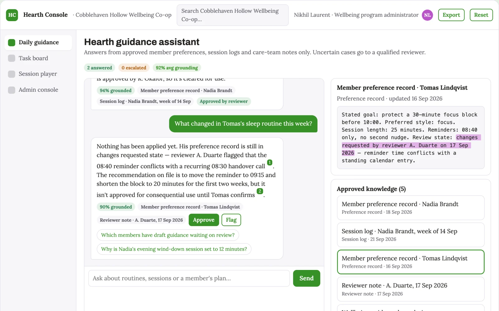 What Source-linked wellbeing guidance and daily-life console looks like