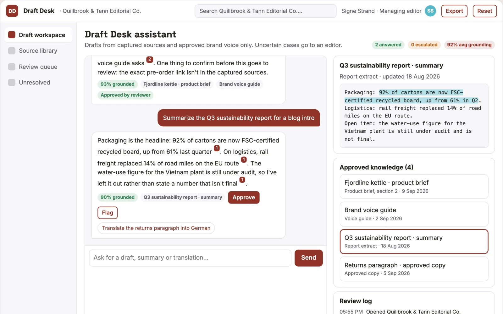 What Source-linked writing and browsing assistant console looks like