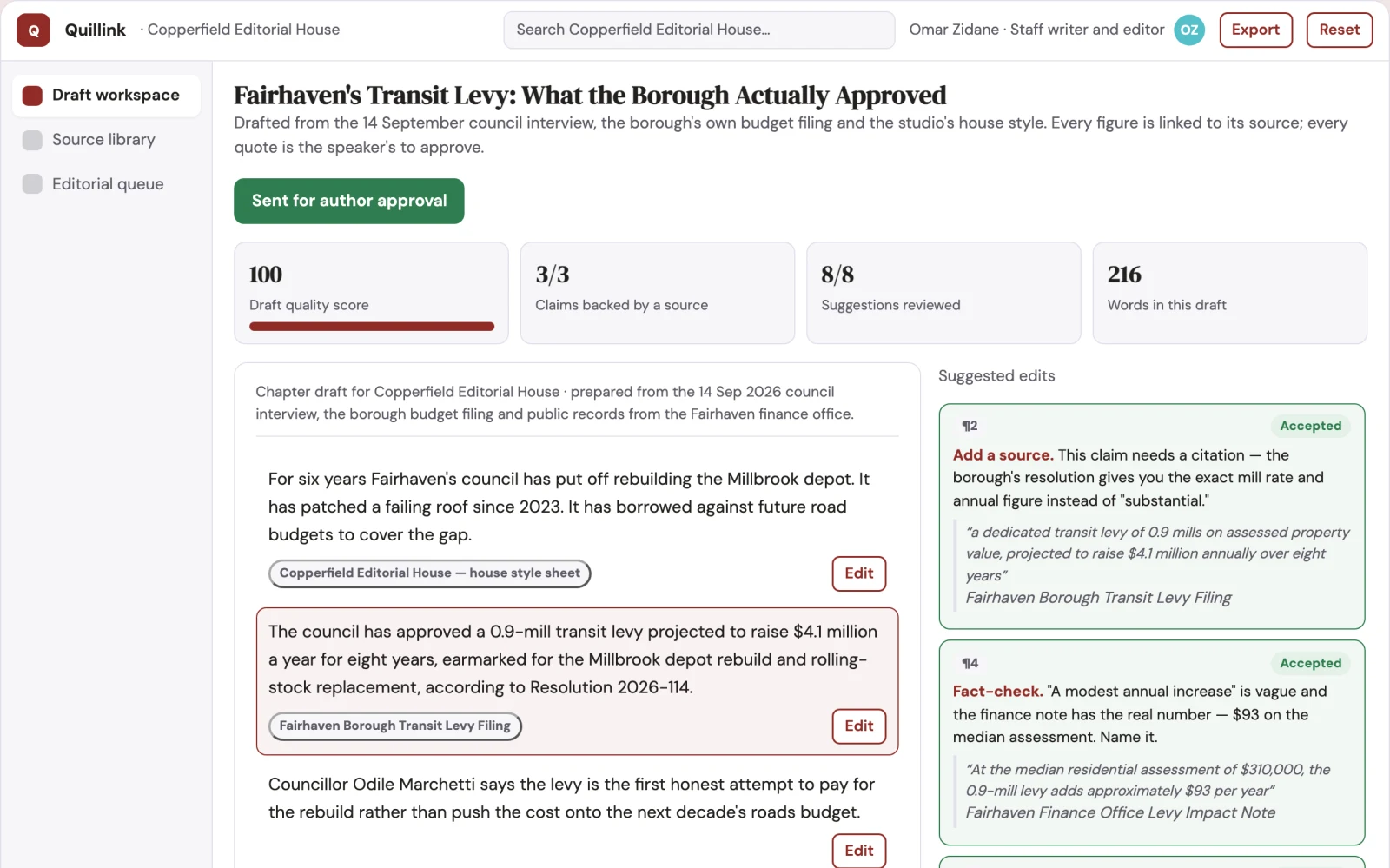 What Source-linked writing and editorial delivery workspace looks like