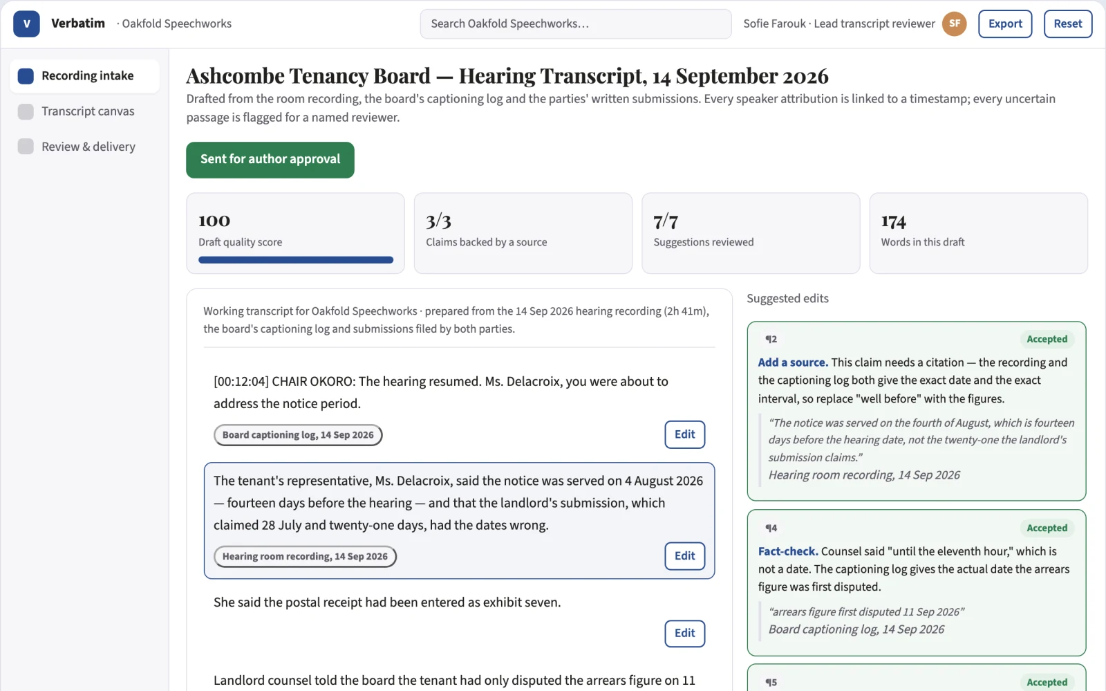 What Source recording to reviewed transcript workspace looks like