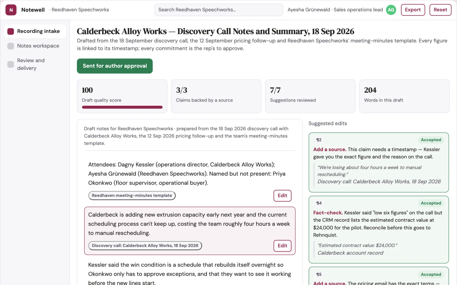 What Spoken audio to organized written notes workspace looks like