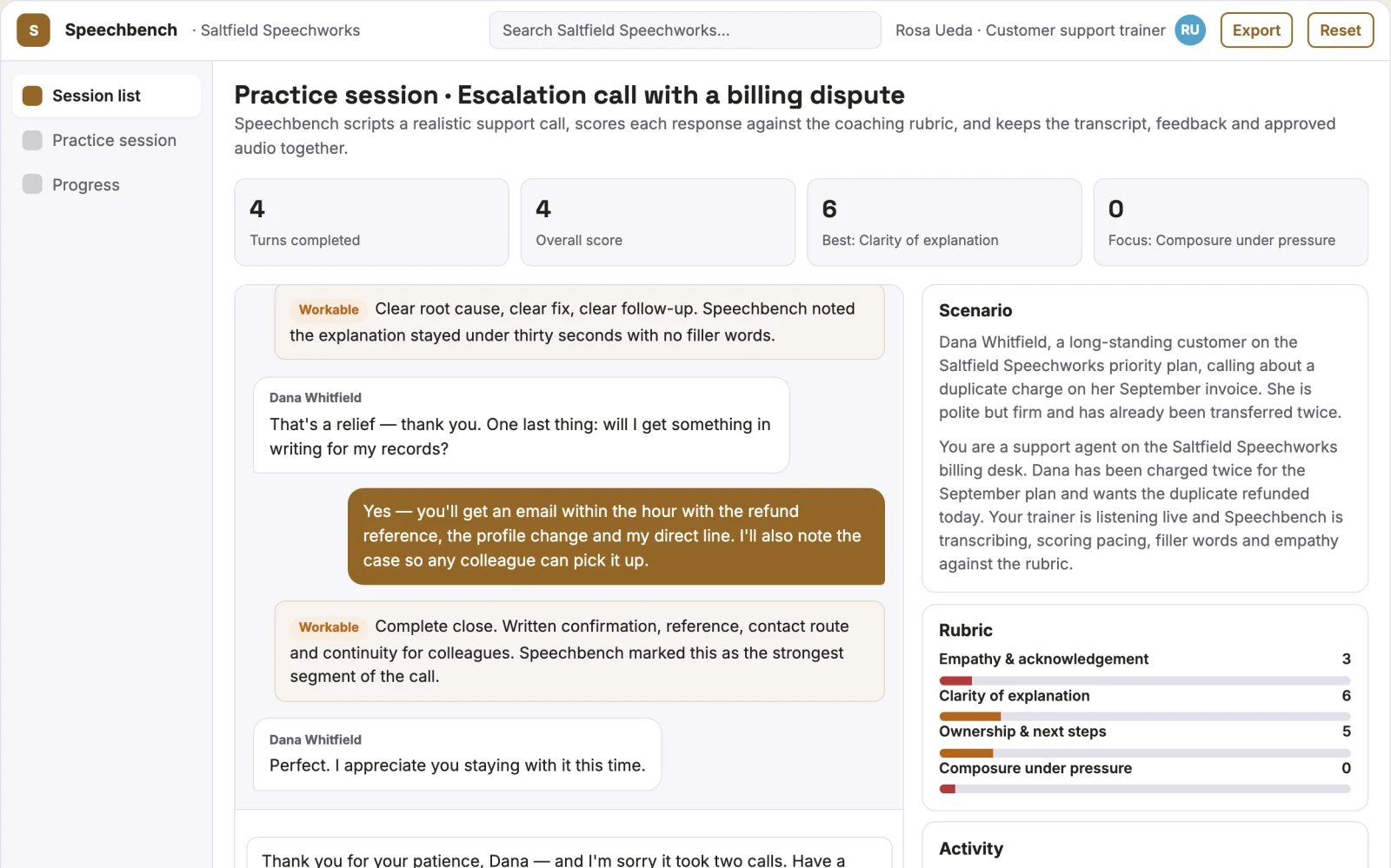 What Spoken audio transcription and speech practice workbench looks like