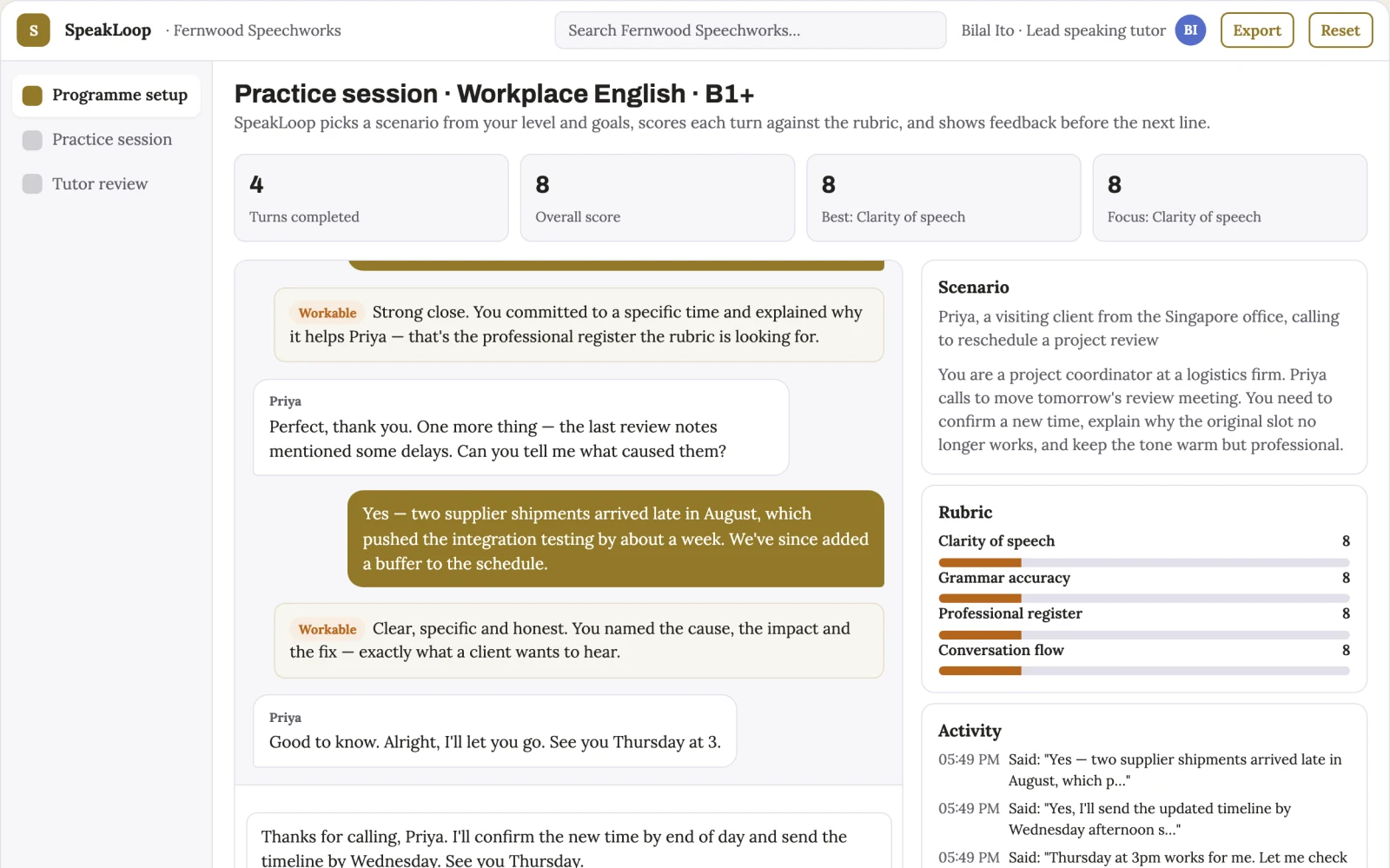What Spoken English practice and feedback studio looks like